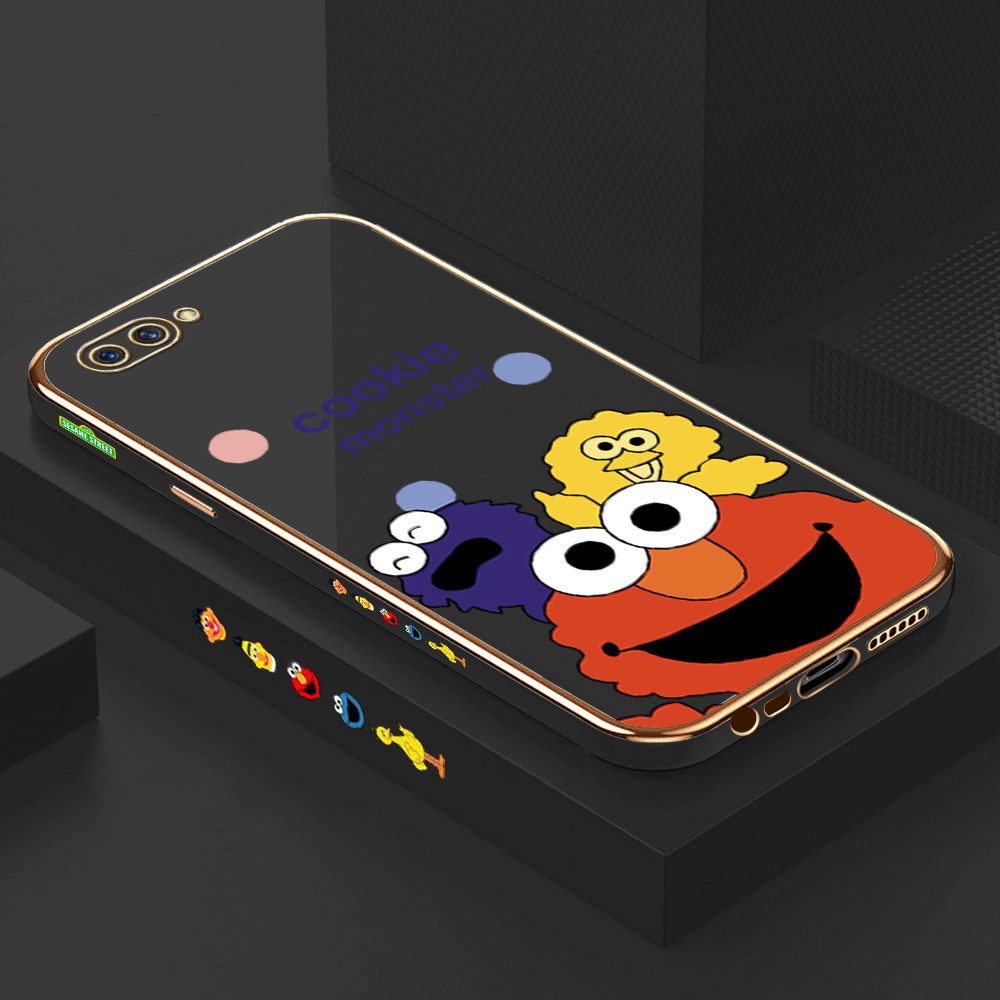 Luxury 6D Plating Case for Realme C1 Color Cute Cartoon Sesame Monsters Side Pattern Back Cover Soft Silicone Square Frame Shiny Bling Phone Cases + Free Lanyard