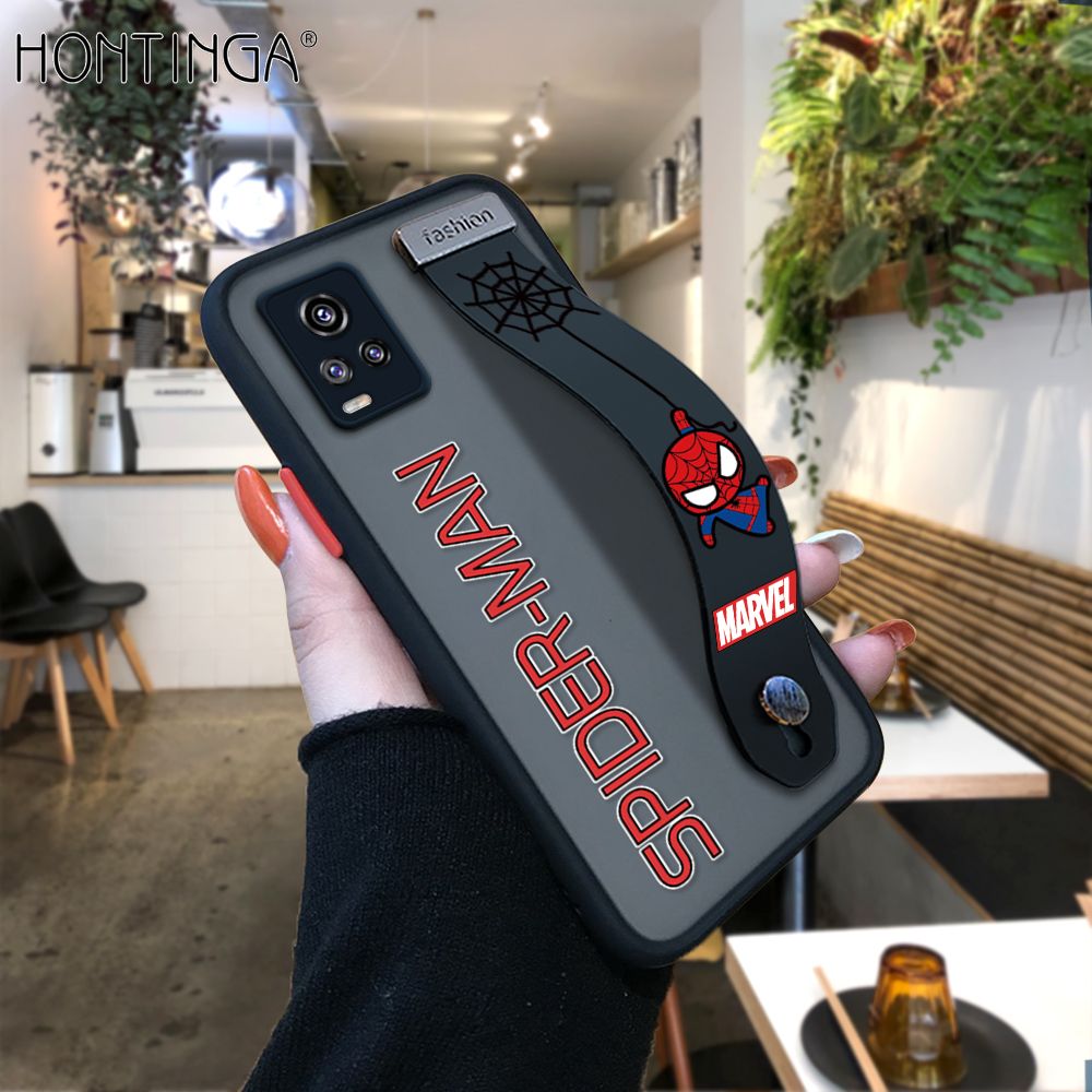 Hontinga for Vivo V20 / V20 2021 Back Cover With Wristband Cartoon Spiderman Phone Casee Full Lens Protection Thin Frosted Cases
