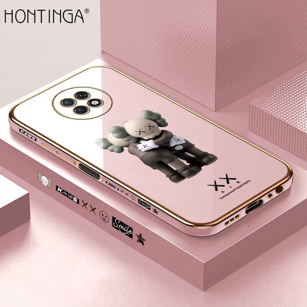 Hontinga for Xiaomi Redmi Note 9T Back Cover + Free Lanyard Luxury 6D Plating Cartoon Hug bear Side Pattern Case Soft Silicone Square Mobile Cover