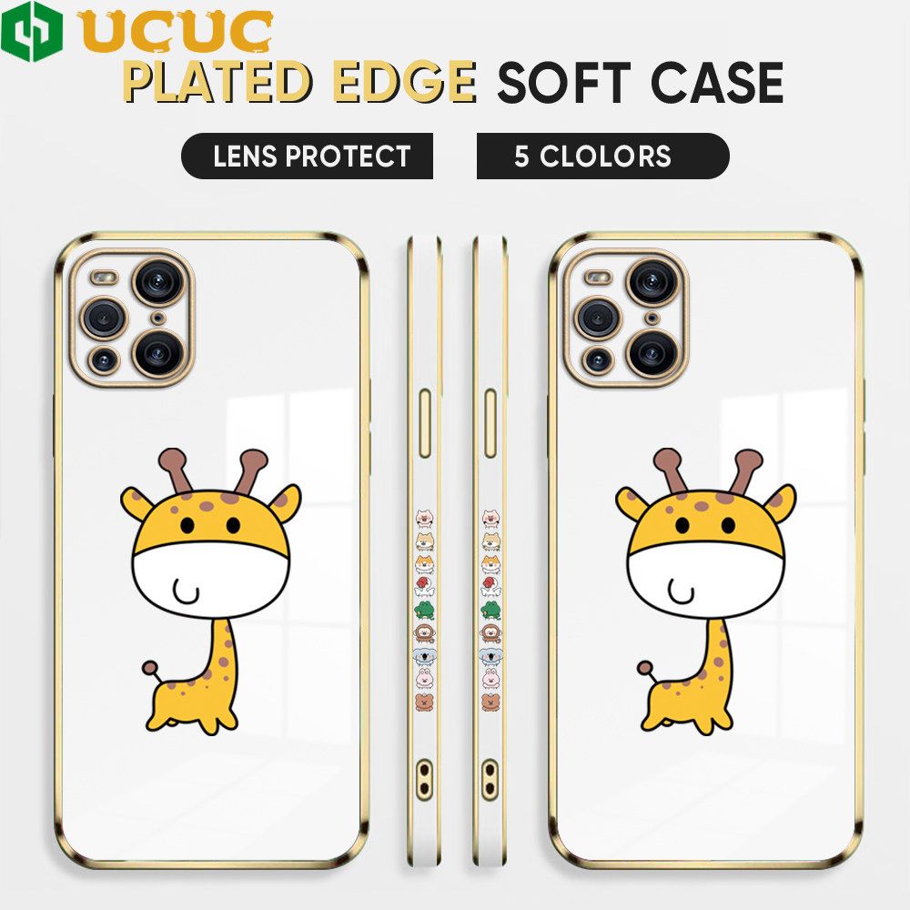 UCUC for OPPO Find X3 / Find X3 Pro Back Cover + Free Lanyard Big Head Giraffe Luxury 6D Plating Case Side Pattern Soft Silicone Square Phone Cases