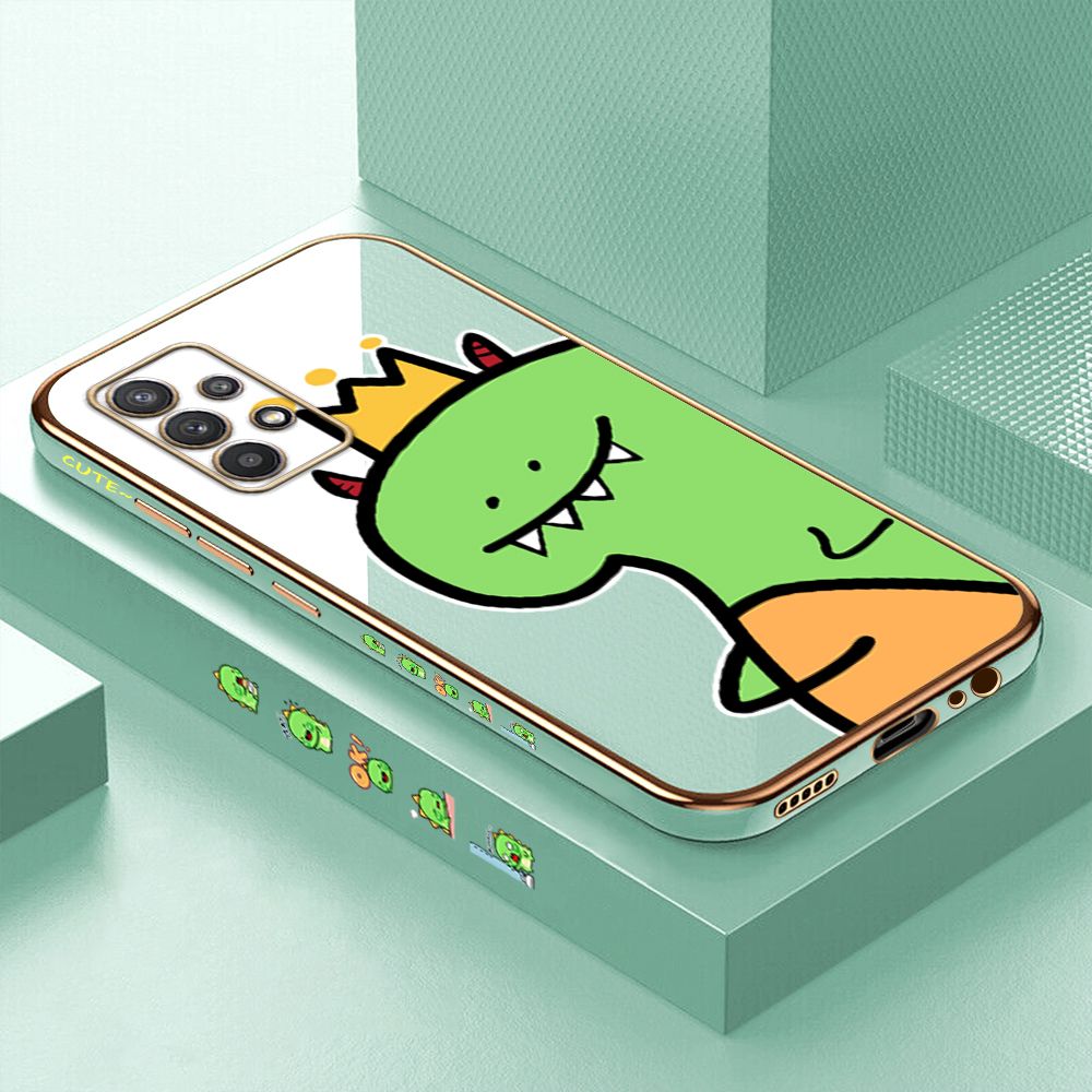 Luxury 6D Plating Case for Samsung A32 4G Cute Cartoon Crown Dinosaur Side Pattern Back Cover Soft Silicone Square Phone Cases + Free Lanyard