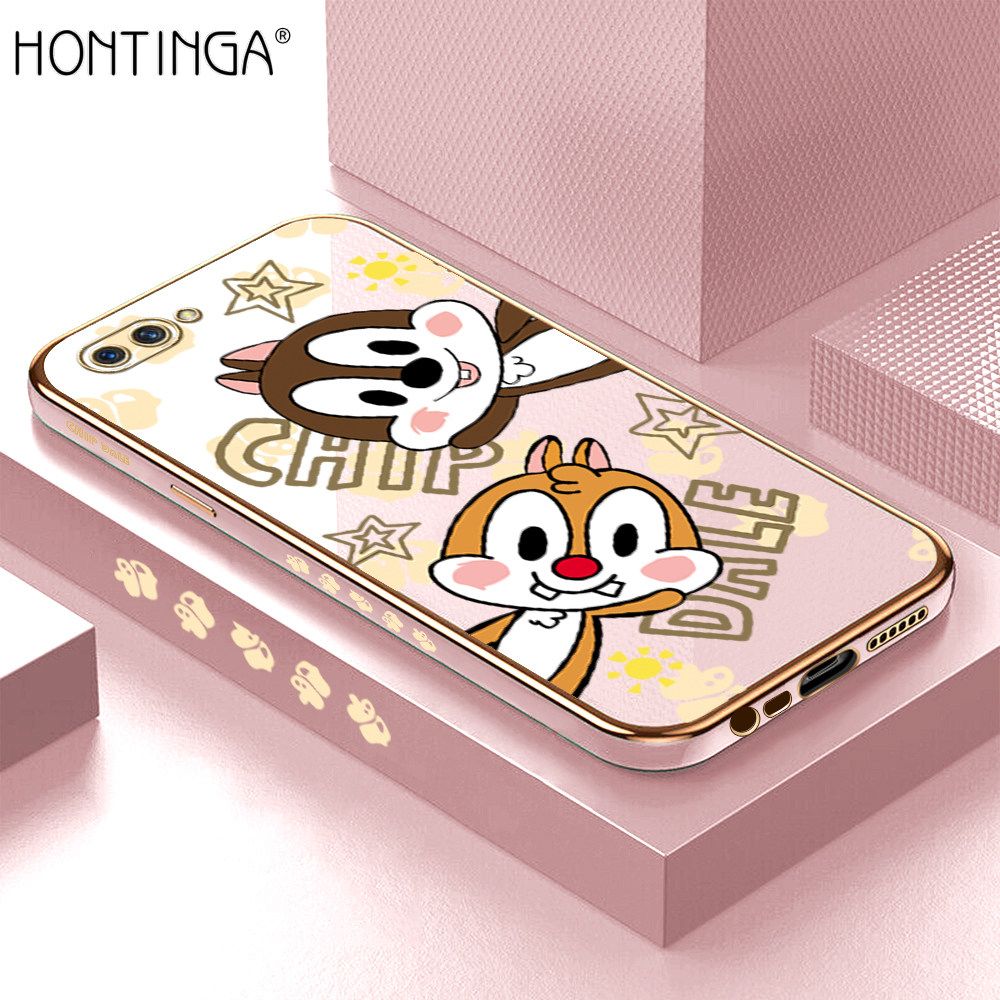 Hontinga for OPPO A3S A12E Back Cover + Free Lanyard Luxury 6D Plating Cute Cartoon Rat Side Pattern Case Soft Silicone Square Phone Cases