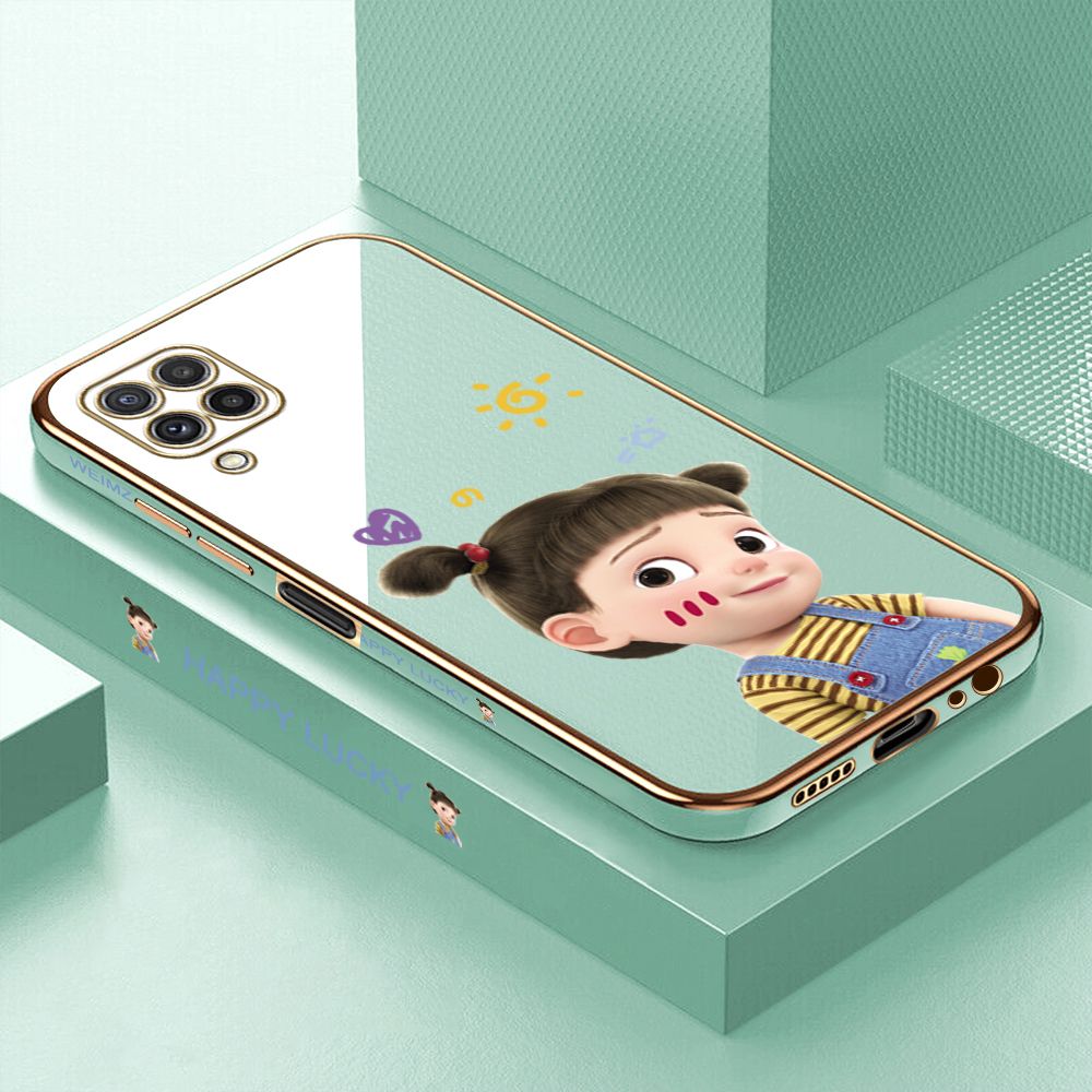 ZeroQiQi for Samsung M22 Back Cover Cute Girl Luxury 6D Plating Case Side Pattern Soft Silicone Square Mobile Phone Cases + Free Lanyard