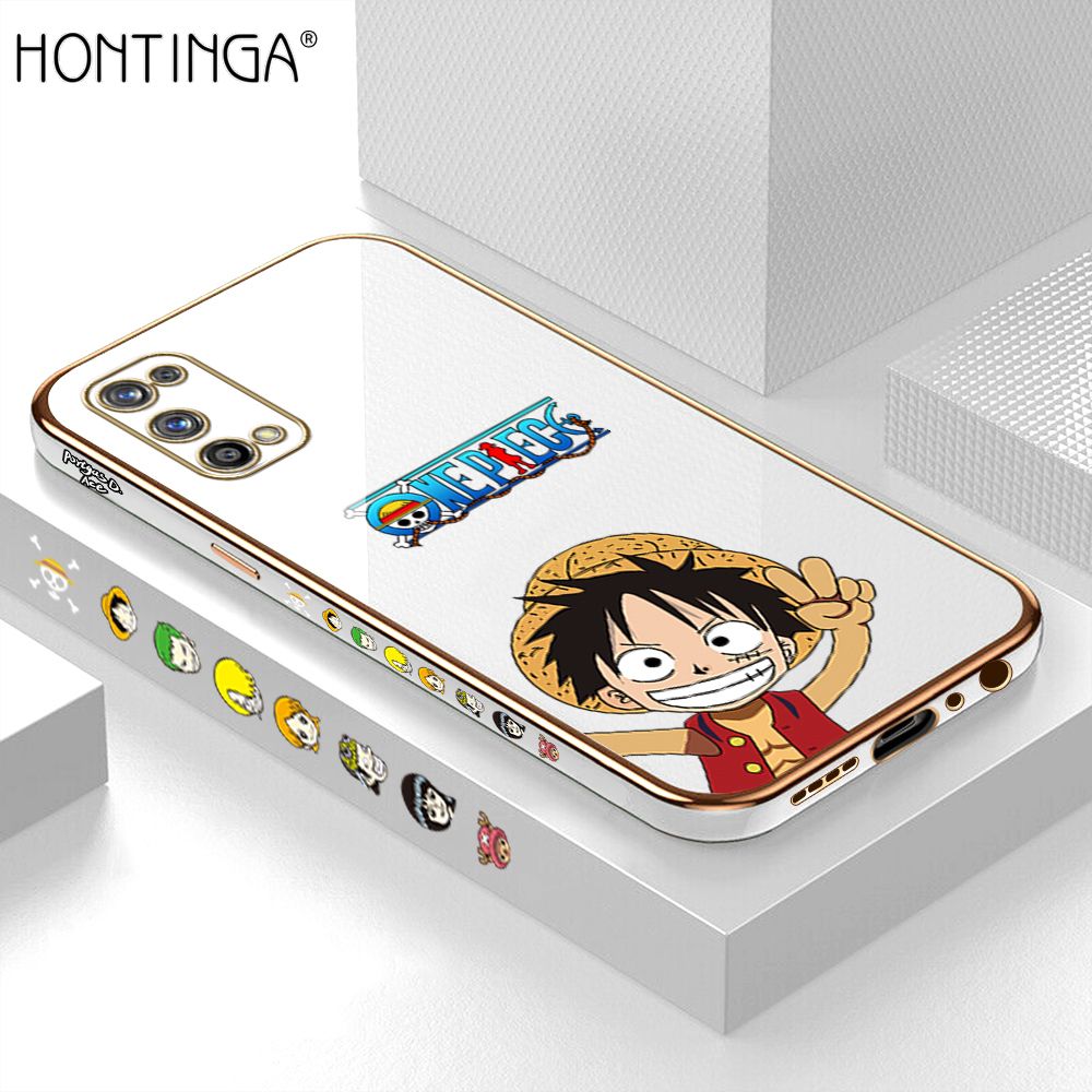 Hontinga for Realme 7 Pro Back Cover + Free Lanyard Luxury 6D Plating Anime Cartoon Happy Luffy Side Pattern Case Soft Silicone Square Mobile Cover