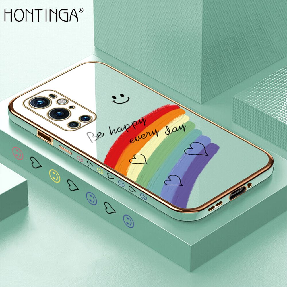 Hontinga for OnePlus 9 Pro Back Cover + Free Lanyard Luxury 6D Plating Smile Rainbow Side Pattern Case Soft Silicone Square Mobile Cover