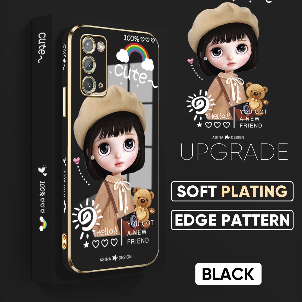 Jizetin (Free Lanyard) Samsung Galaxy Note20 Back Cover Fashion Girl Luxury 6D Plating Case Side Pattern Soft Silicone Square Phone Cases