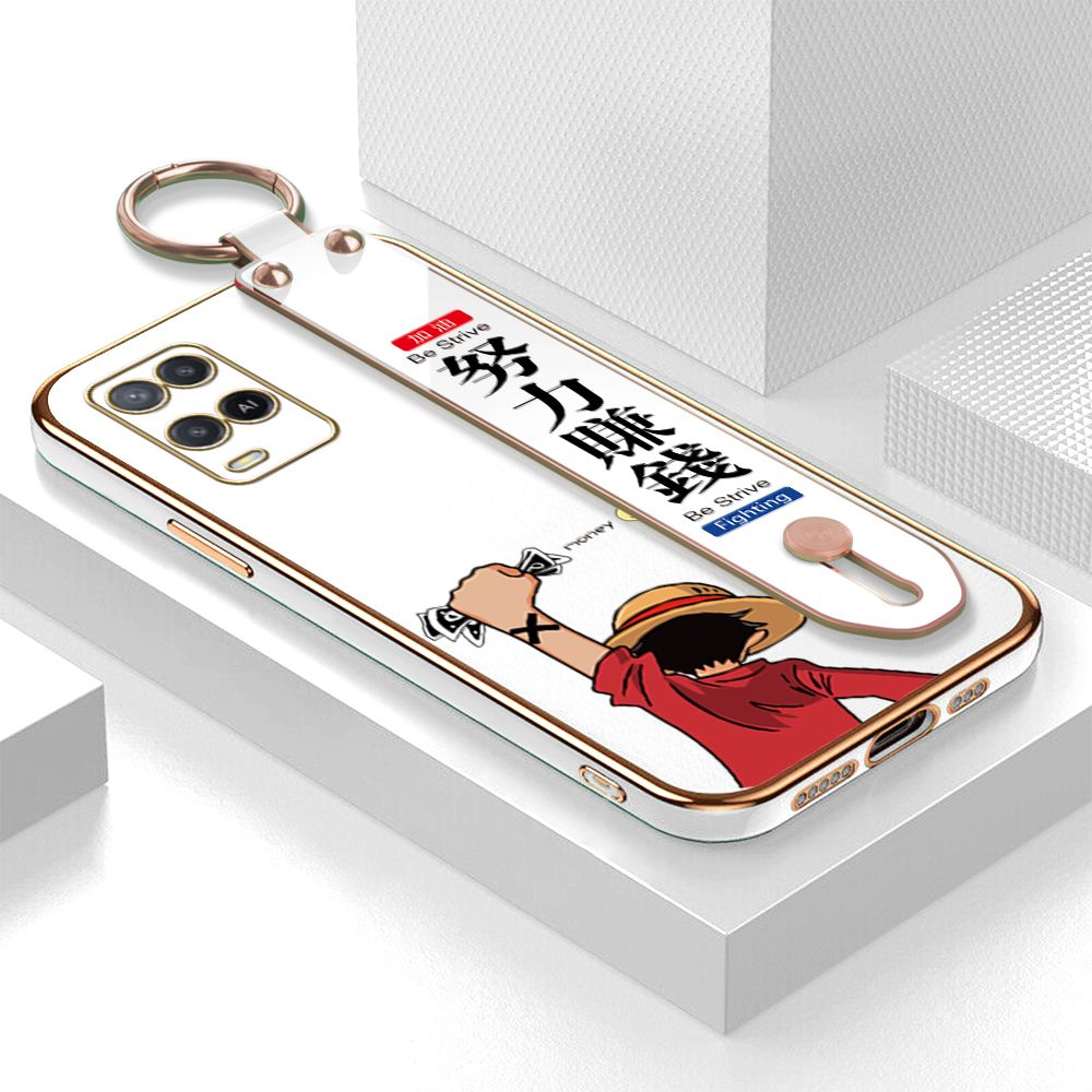 TA for OPPO A54 / A54 2021 Wrist Strap Back Cover Struggle Luffy Fashion Luxury 6D Plating Soft Casing Silicone Square Frame Phone Case