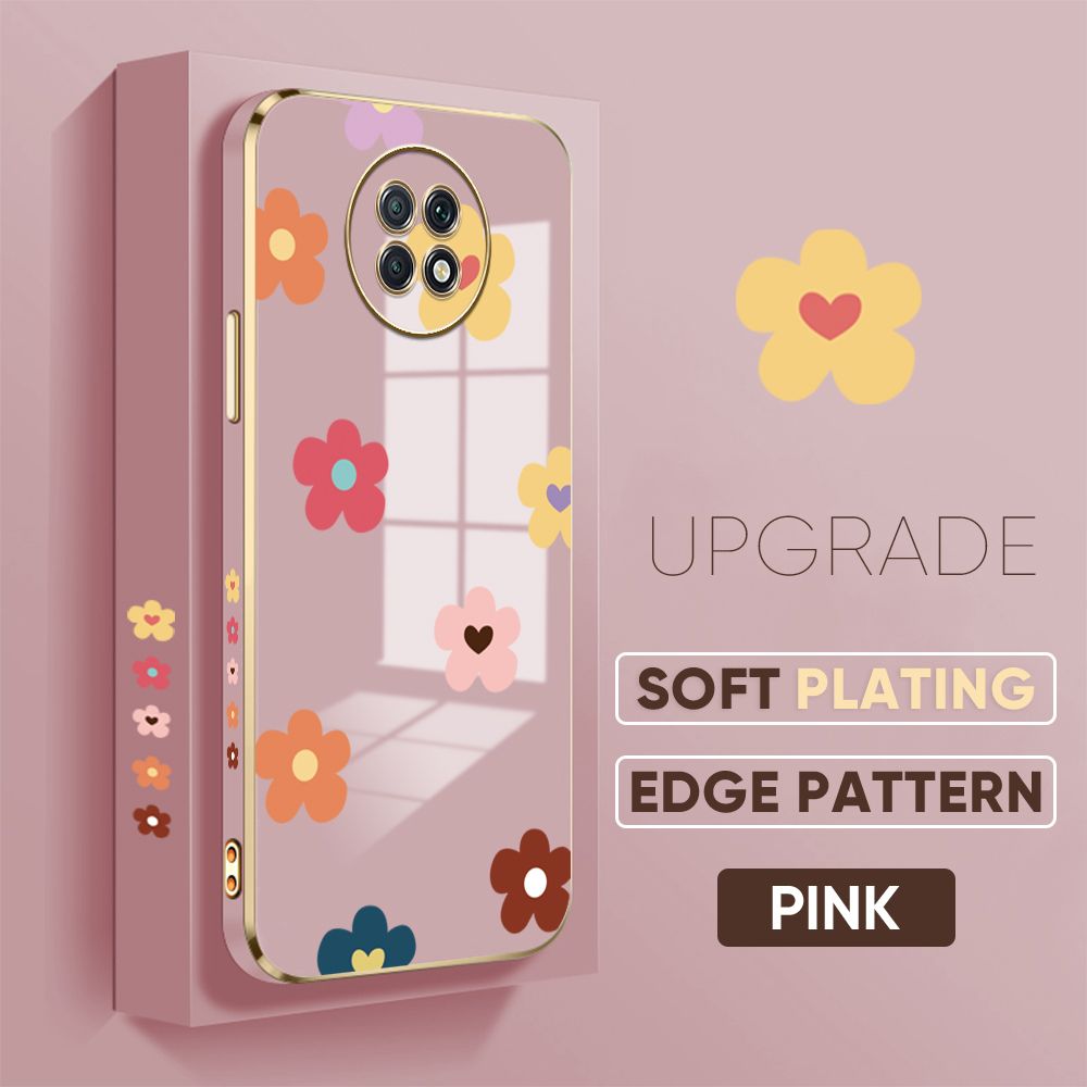 Jizetin (Free Lanyard) Redmi Note 9T Back Cover Falling Flowers Luxury 6D Plating Case Side Pattern Soft Silicone Square Phone Cases