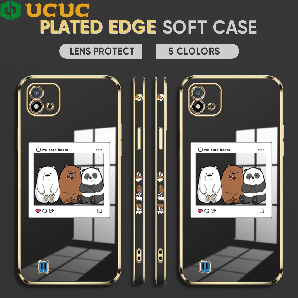 UCUC for Realme C11 2021 Cover Bears Photo Luxury 6D Plating Soft Casing Silicone Square Frame Phone Case Shiny Bling Back Cover + Free Lanyard
