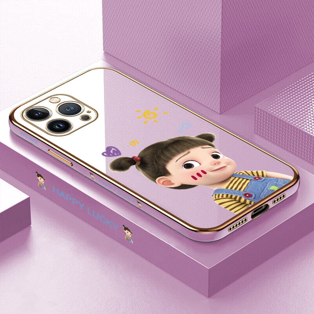 ZeroQiQi for iPhone 13 Pro Max Back Cover Cute Girl Luxury 6D Plating Case Side Pattern Soft Silicone Square Mobile Phone Cases + Free Lanyard