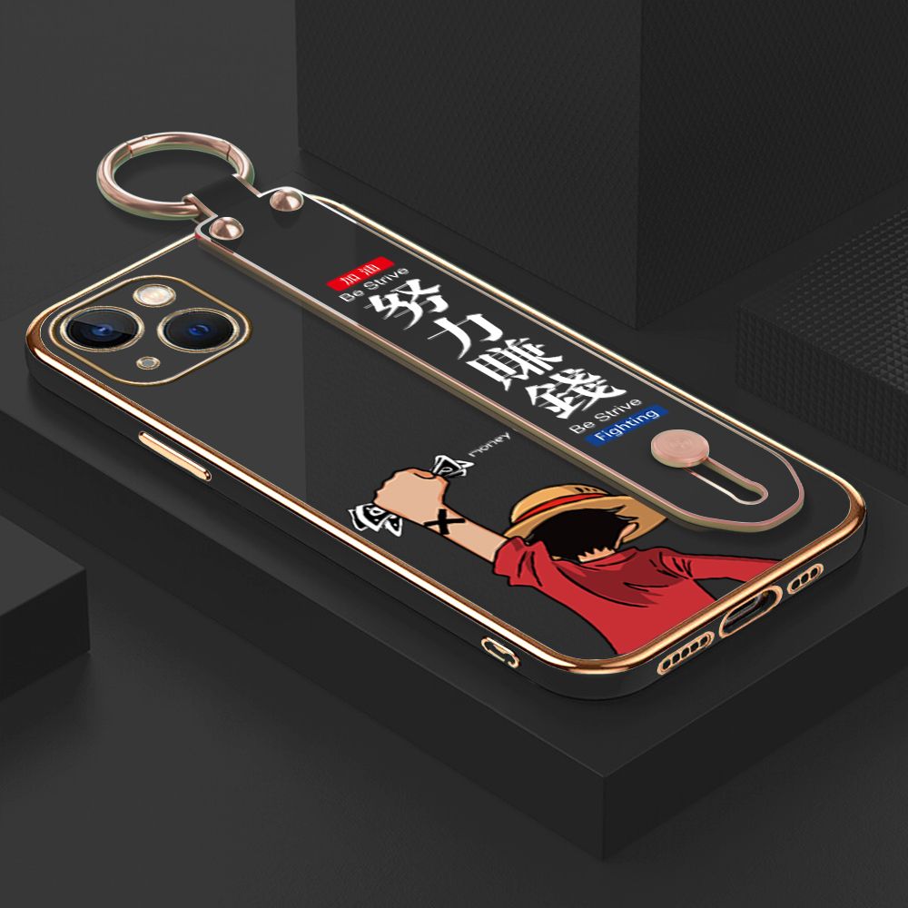 TA for iPhone 13 Mini Wrist Strap Back Cover Struggle Luffy Fashion Luxury 6D Plating Soft Casing Silicone Square Frame Phone Case