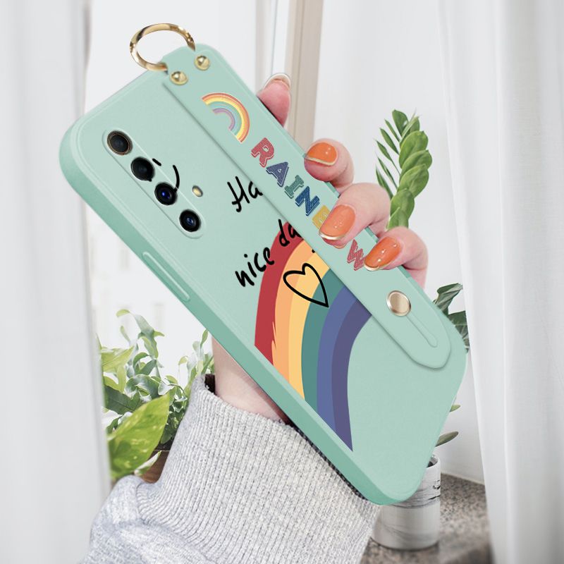 Jizetin for Realme X50 / X3 SuperZoom Wrist Strap Case INS Style Smile Rainbow Cover Ultra Thin Anti Fall Liquid Silicone Phone Case