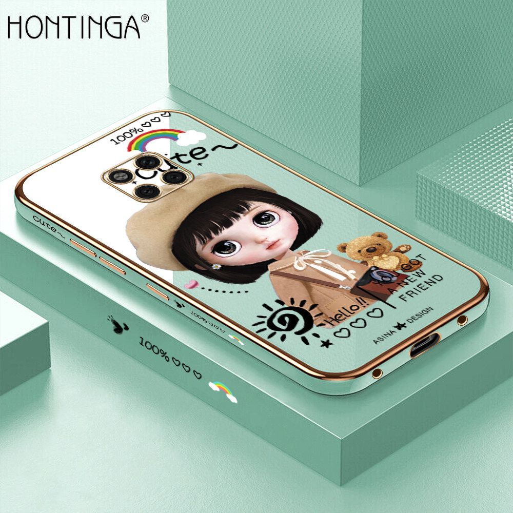 Hontinga for Huawei Mate 20 Pro Back Cover + Free Lanyard Luxury 6D Plating Cartoon Satchel Girl Side Pattern Case Soft Silicone Square Mobile Cover