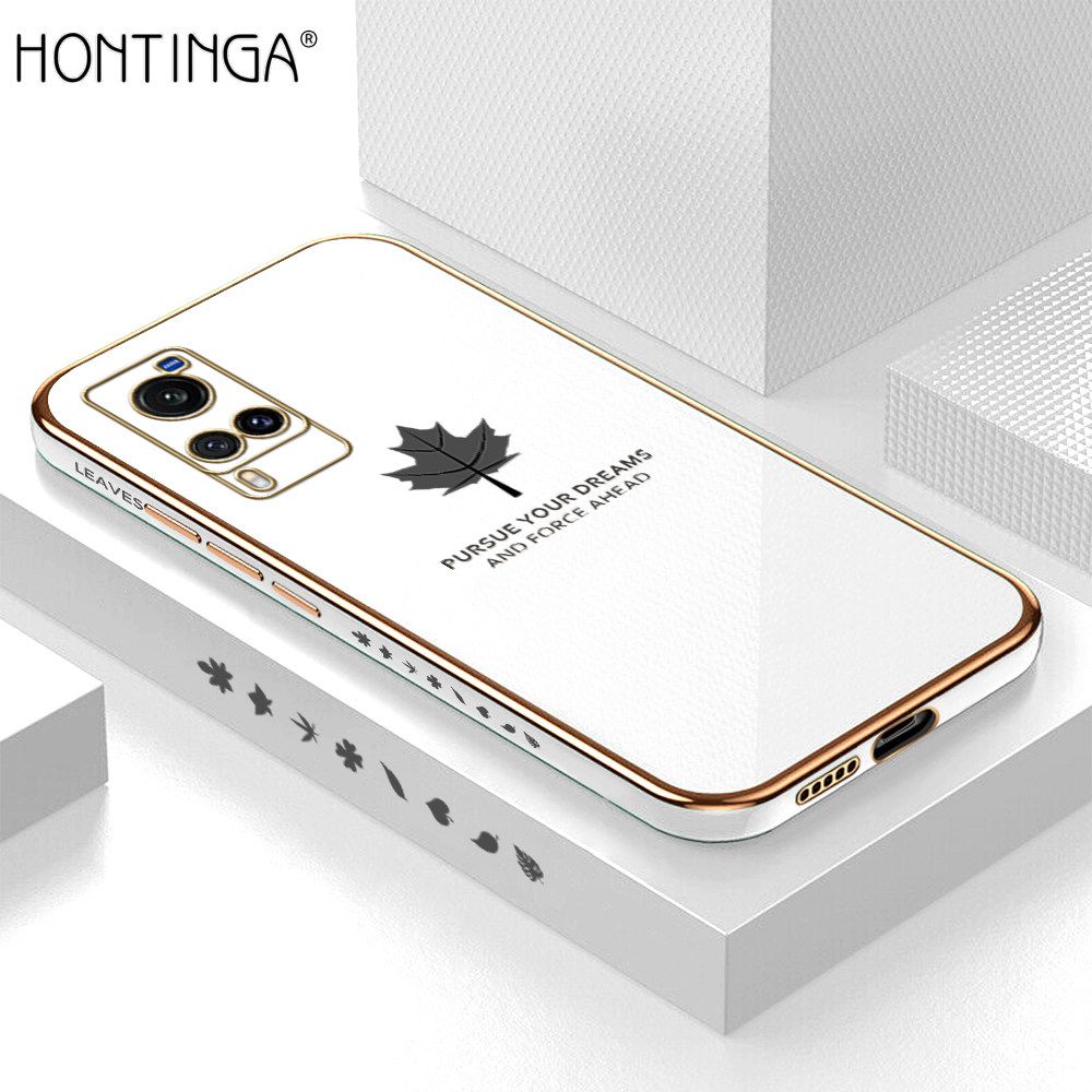 Hontinga for Vivo X60 Back Cover + Free Lanyard Luxury 6D Plating Shiny Maple leaf Phone Case Soft Silicone Square Mobile Cover