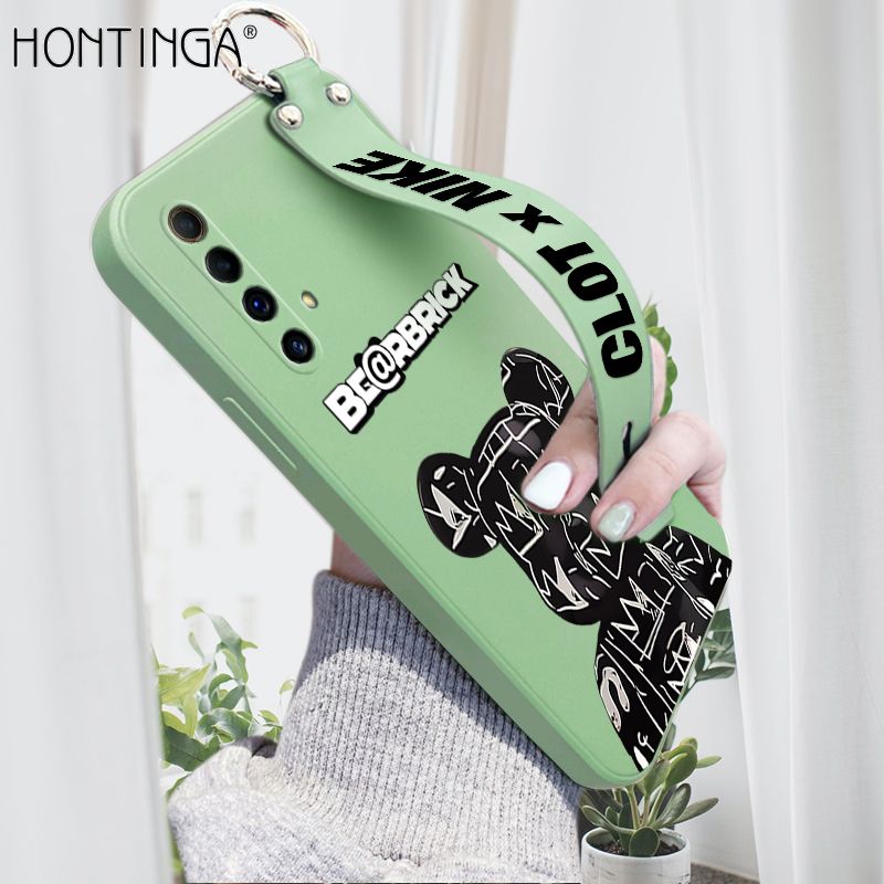 Hontinga for Realme X50 Wrist Strap Case Fashion Black Brand Bear Phone Case Square Edge Liquid Silicone Cases Full Cover Camera Shockproof Protection Cases