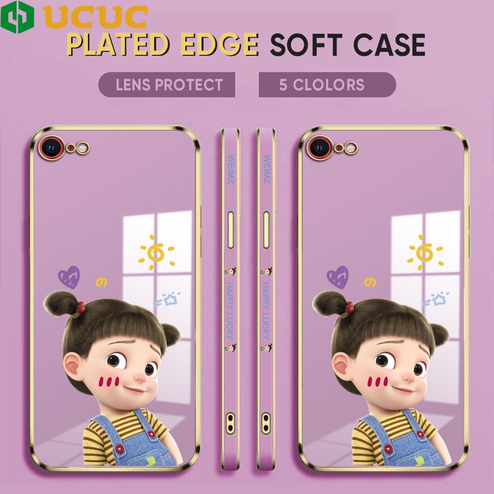 UCUC for iPhone SE 2020 / 7 / 8 / SE 2022 Back Cover + Free Lanyard Lovely Girl Luxury 6D Plating Case Side Pattern Soft Silicone Square Phone Cases