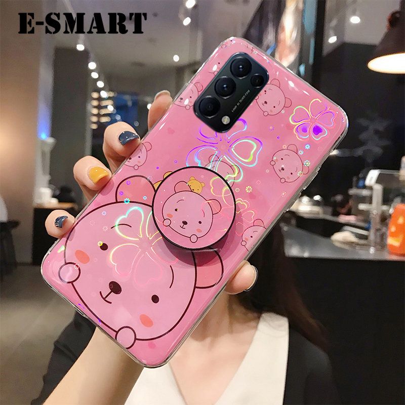 Phone case OPPO Reno 5 Pro Back Cover Cute Cartoon Bear Cases Soft Silicone Bracket Holder stand case Colorful Cherry Blossoms For OPPO Reno5 Pro case