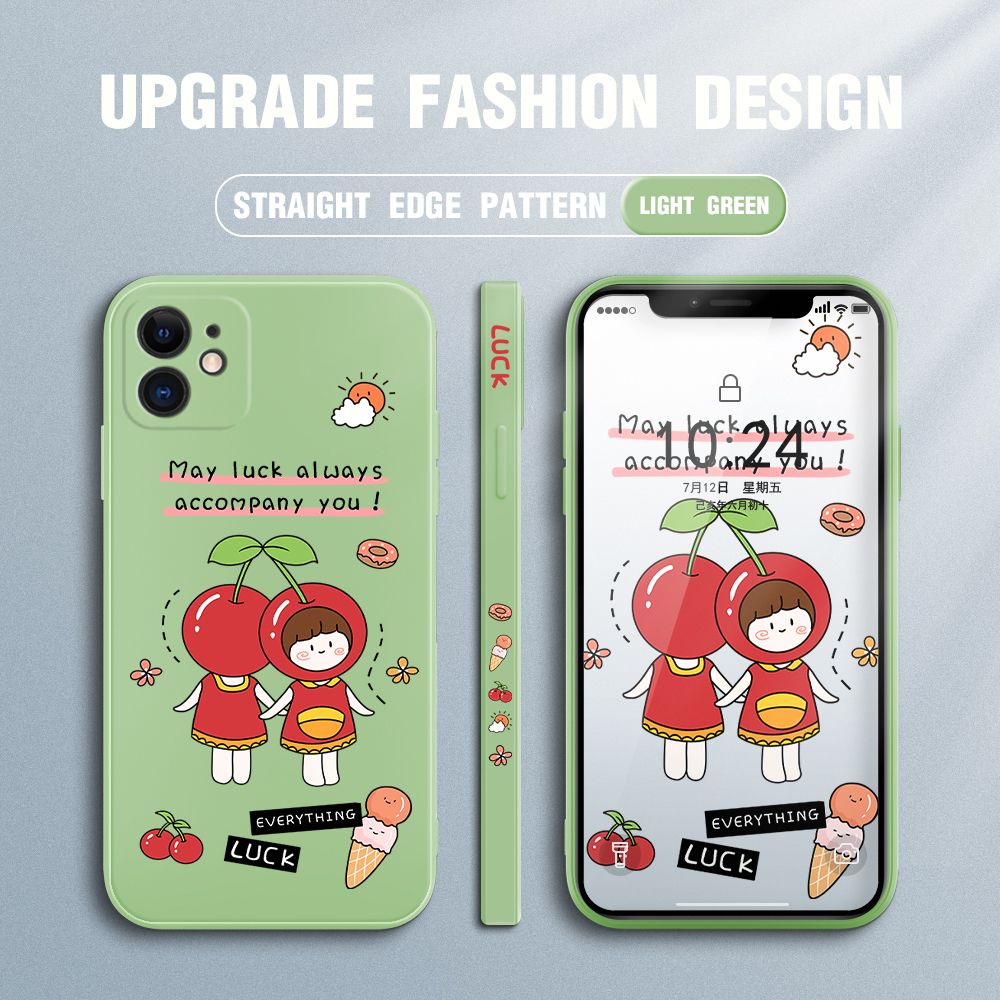 Jizetin for iPhone 12 Mini Case Fashion Cherry Girl Design Side Design Phone Case Square Edge Pattern Liquid Silicone Cases Full Cover Camera Shockproof Protective Case