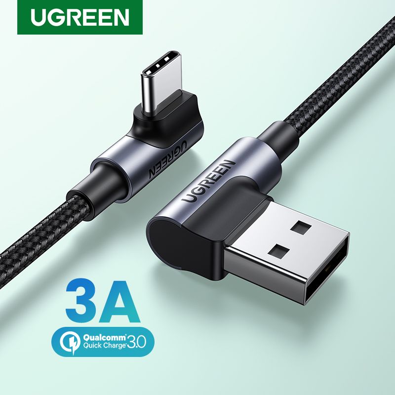 UGREEN Nylon USB C Cable 90 Degree Fast Charger Type C Cable for Xiaomi Redmi Note 9SRedmi Note 9S Convenient for Gaming pubg Cable for Xiaomi A1/A2Mi 6/ Mi 8/Pocophone F1/Redmi Note 7/Huawei Nova 3/P9/Samsung Note 9/S8 USB-C Cord