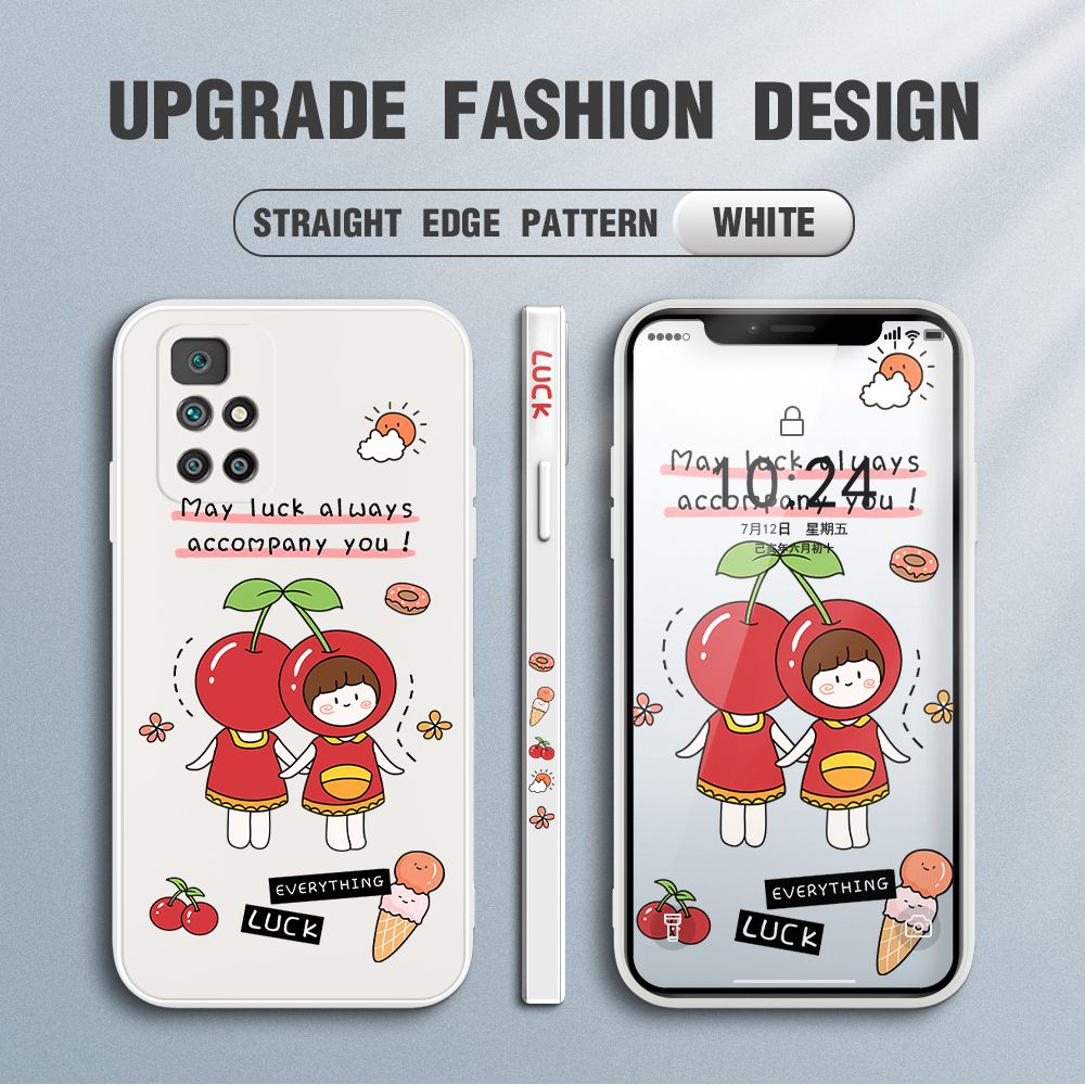 Jizetin for Xiaomi Redmi 10 Case Fashion Cherry Girl Design Side Design Phone Case Square Edge Pattern Liquid Silicone Cases Full Cover Camera Shockproof Protective Case