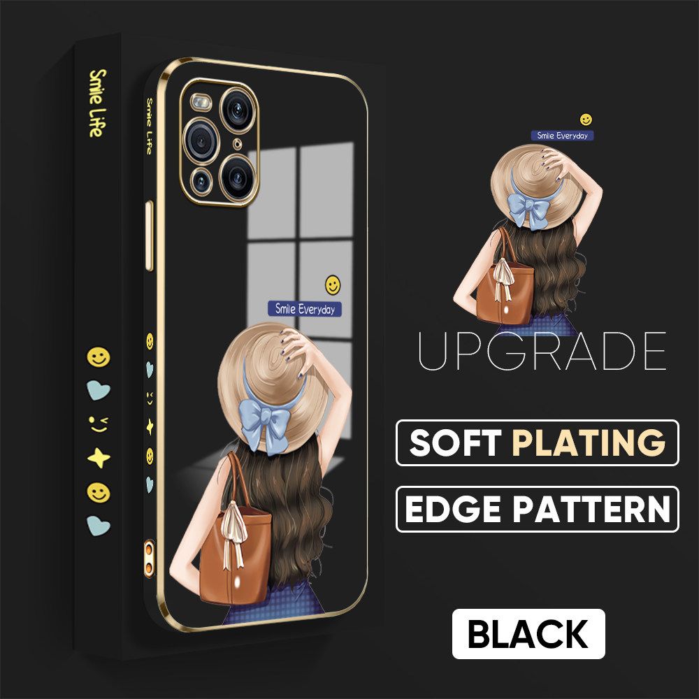 Jizetin (Free Lanyard) OPPO Find X3 / Find X3 Pro Back Cover Girl In Hat Luxury 6D Plating Case Side Pattern Soft Silicone Square Mobile Phone Cases
