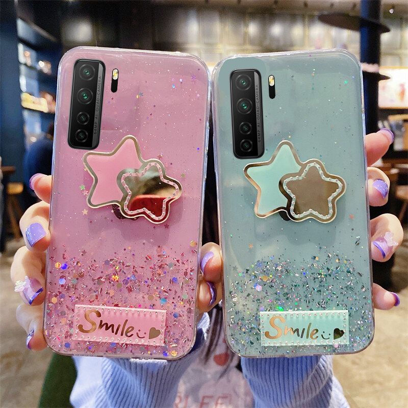 Phone case Huawei Nova 7SE Shiny Ring Case Glitter Soft Transparent Full Star Mirror Cases For Huawei Nova7 SE Back Cover Stars Moon Girls