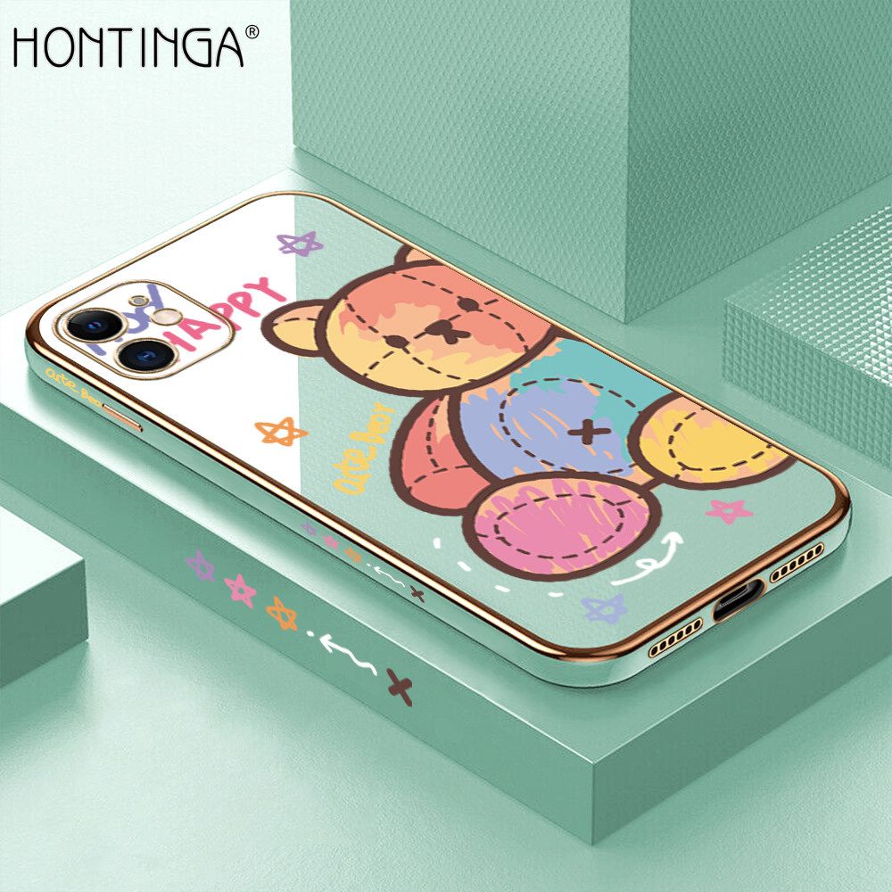 Hontinga for iPhone 11 Back Cover + Free Lanyard Luxury 6D Plating Alphabet Rainbow Side Pattern Case Soft Silicone Square Mobile Cover