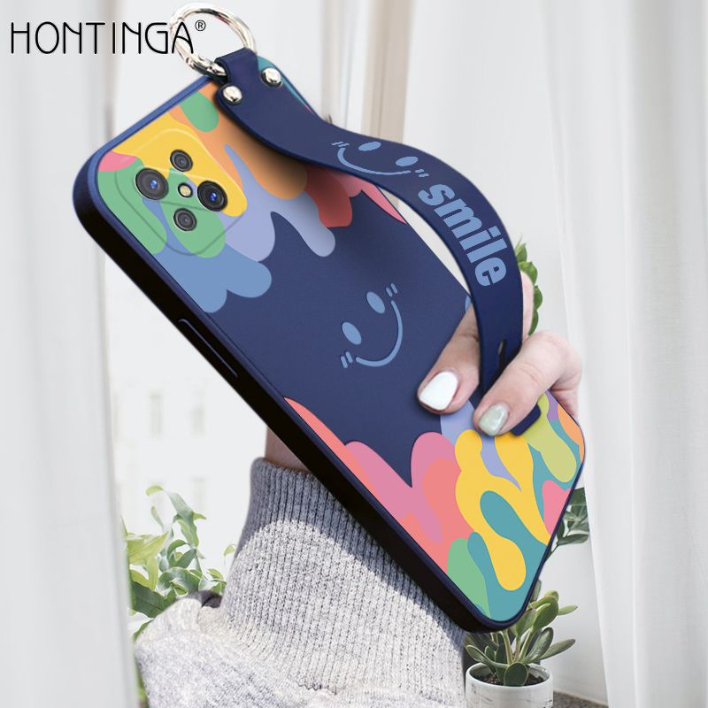 Hontinga for OPPO Reno4 Z 5G Wrist Strap Case Soft Candy Color Splash Ink Cover Trend Square Printed Pattern Liquid Silicone Phone Case