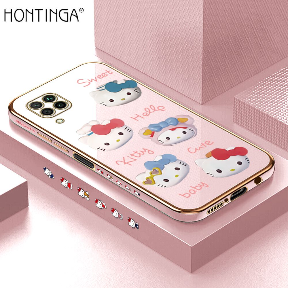 Hontinga for Huawei Nova 7I Back Cover + Free Lanyard Luxury 6D Plating Cartoon Cute Kitty Side Pattern Case Soft Silicone Square Phone Cases