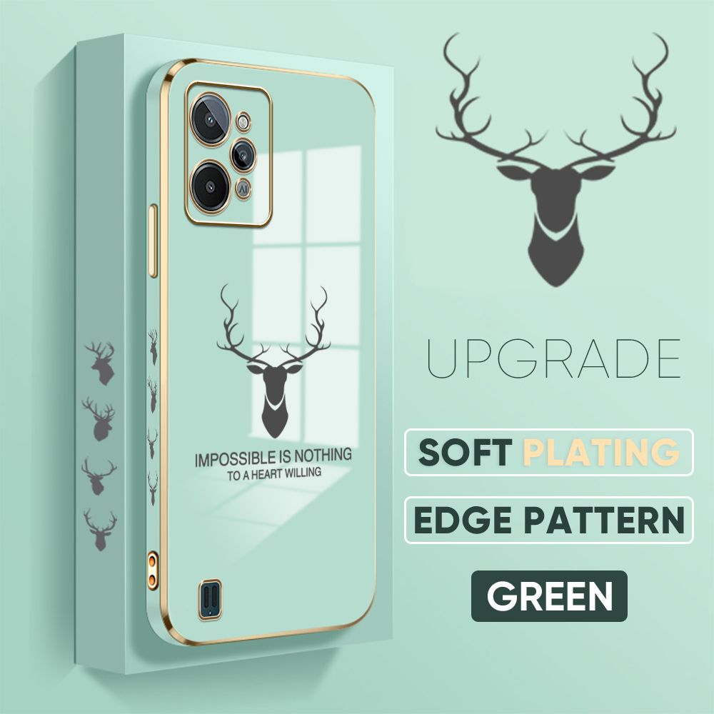 Jizetin (Free Lanyard) Realme C31 Back Cover Antlers Luxury 6D Plating Case Side Pattern Soft Silicone Square Mobile Phone Cases