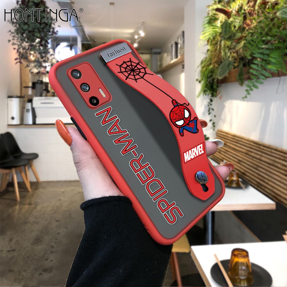 Hontinga for Realme GT 5G Back Cover With Wristband Cartoon Spiderman Phone Casee Full Lens Protection Thin Frosted Cases