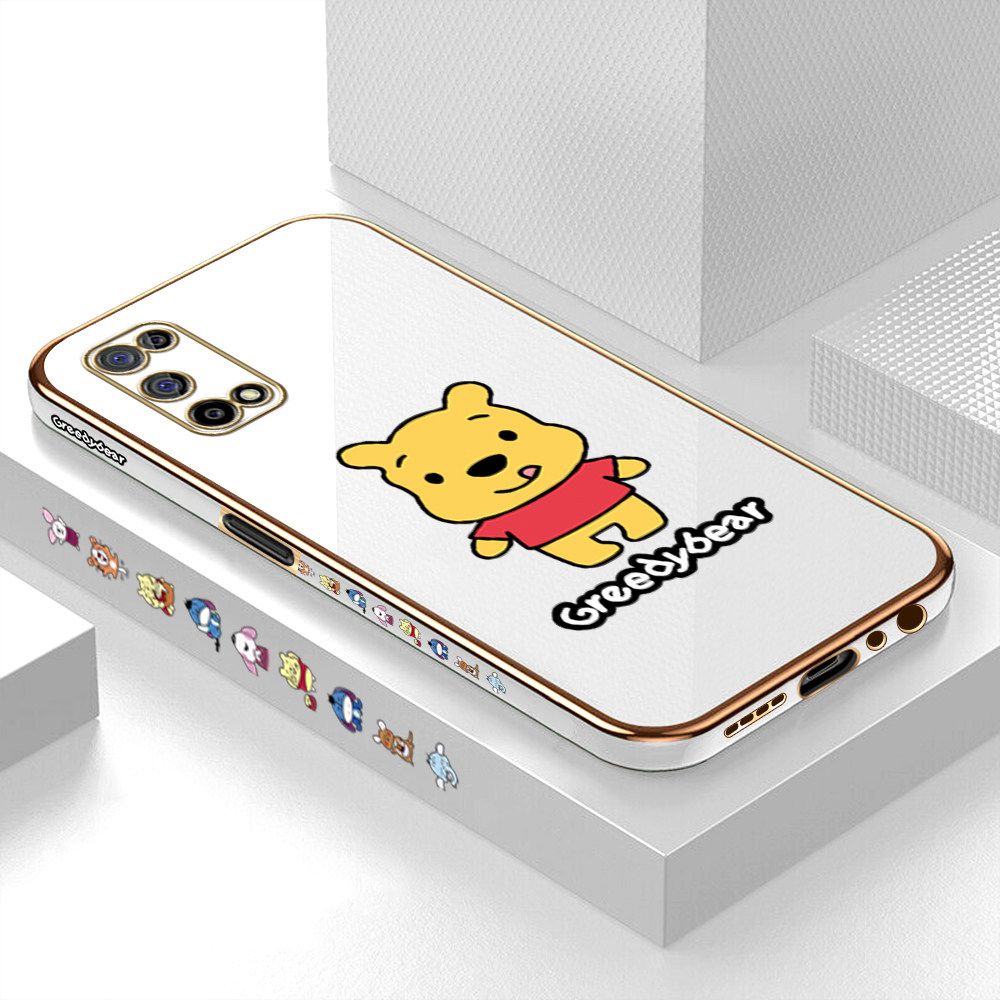 Luxury 6D Plating Case for Realme 7 5G Squirming Little Sweet Bear Side Pattern Back Cover Soft Silicone Square Frame Shiny Bling Phone Cases + Free Lanyard
