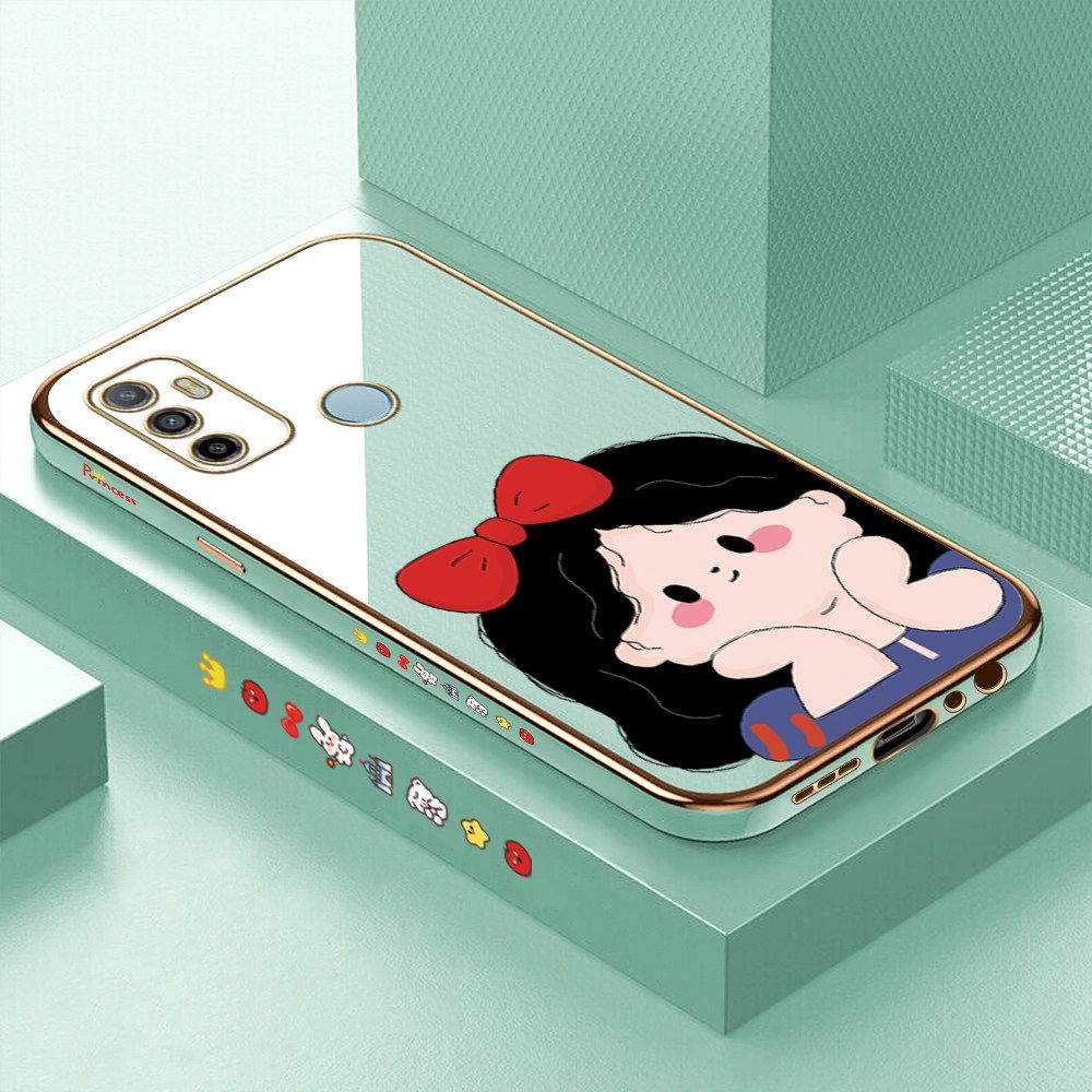 Luxury 6D Plating Soft Casing Silicone Square Frame Phone Case For OPPO A53 2020 Case Shiny Bling Back Cover Cartoon Cute Bow Girl Square Edge Pattern Design Soft Case + Free Lanyard
