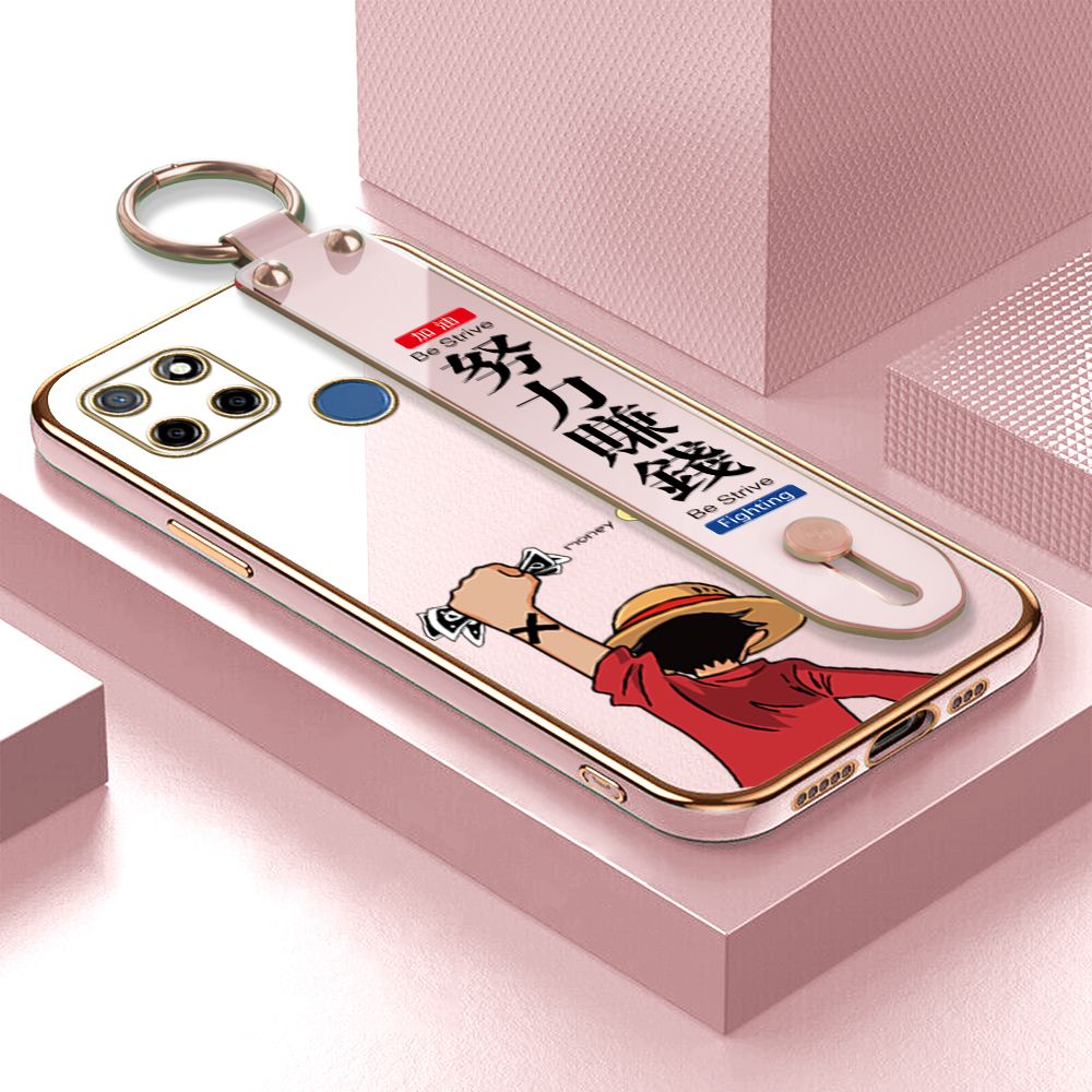 TA for Realme C25 / C25S / C12 / Narzo 20 / Narzo 30A Wrist Strap Back Cover Struggle Luffy Fashion Luxury 6D Plating Soft Casing Silicone Square Frame Phone Case