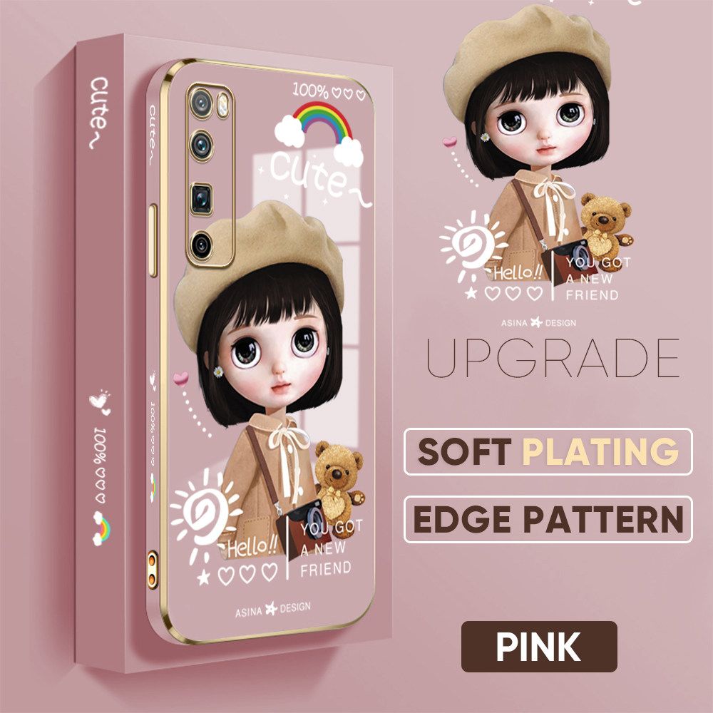 TA for Huawei Nova 7 Pro Back Cover + Free Lanyard Satchel Girl Luxury 6D Plating Case Side Pattern Soft Silicone Square Phone Cases