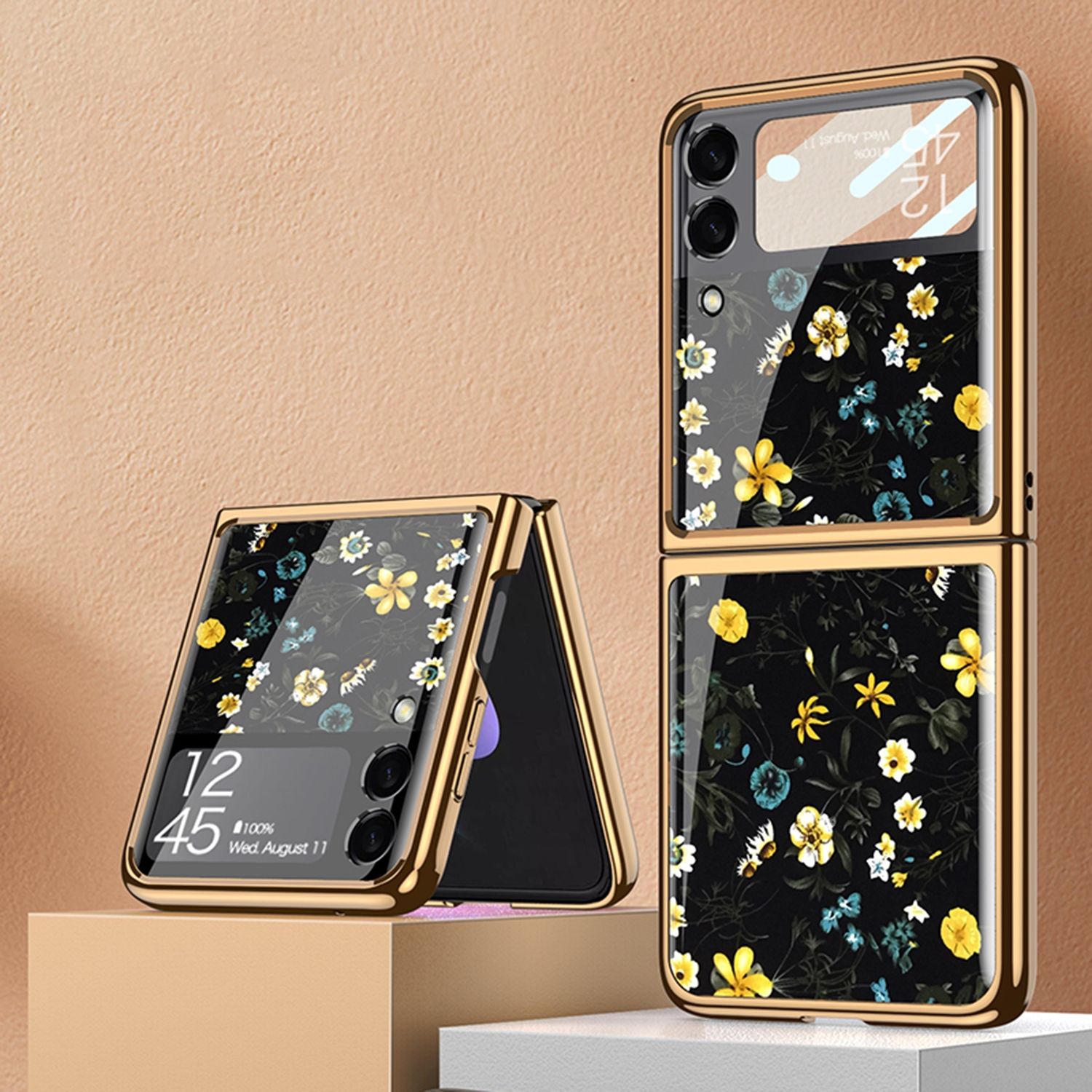 For Samsung Galaxy Z Flip3 5G GKK Floral Pattern Electroplating Painted Glass Case