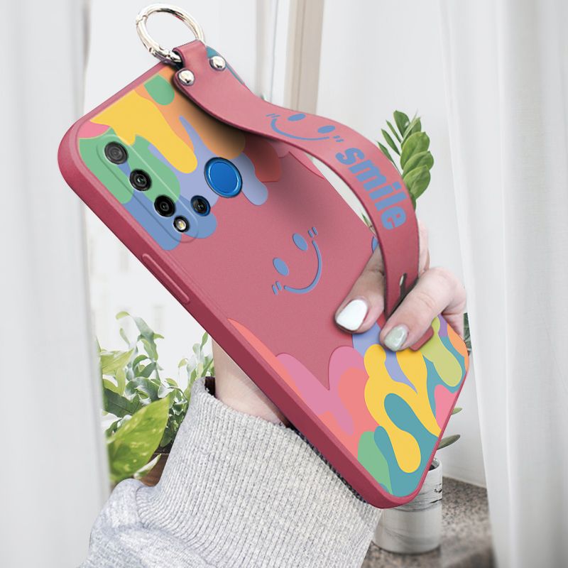 Hontinga for Huawei Nova 5i Wrist Strap Case Soft Candy Color Splash Ink Cover Trend Square Printed Pattern Liquid Silicone Phone Case