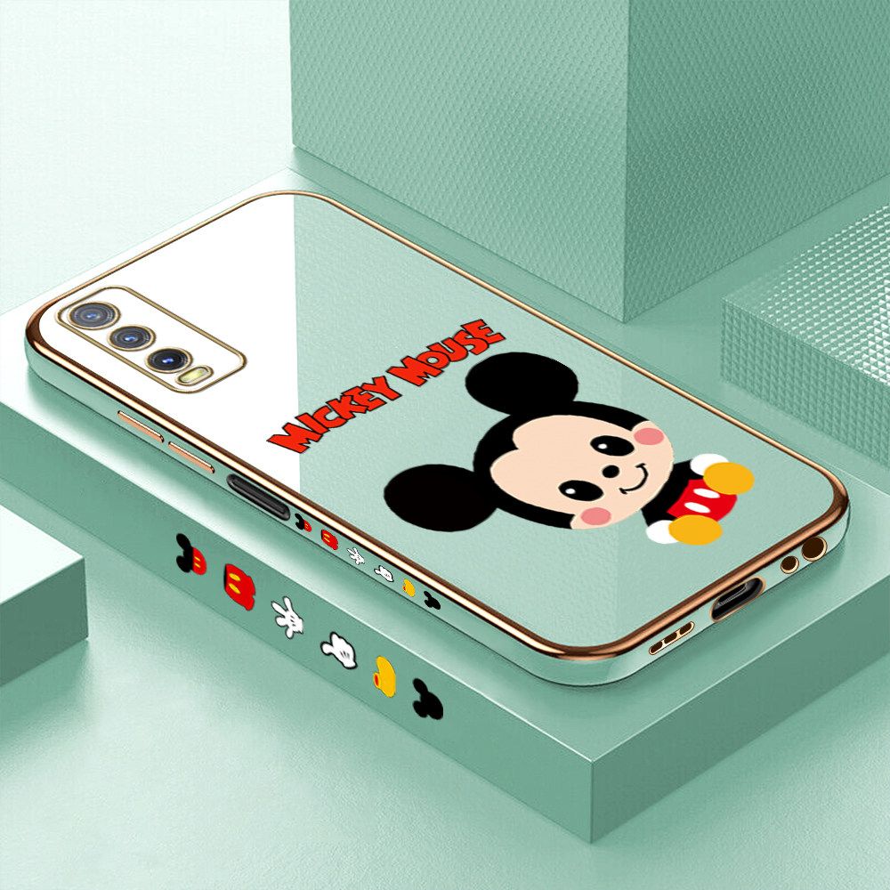 Luxury 6D Plating Case for Vivo Y12A Cute Cartoon Mouse Side Pattern Back Cover Soft Silicone Square Frame Shiny Bling Phone Cases + Free Lanyard