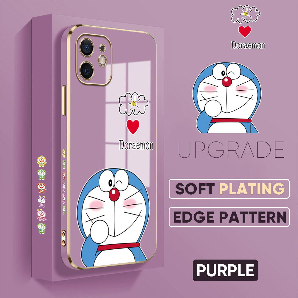 UCUC for iPhone 12 Back Cover + Free Lanyard Sneak Doraemon Luxury 6D Plating Case Side Pattern Soft Silicone Square Phone Cases