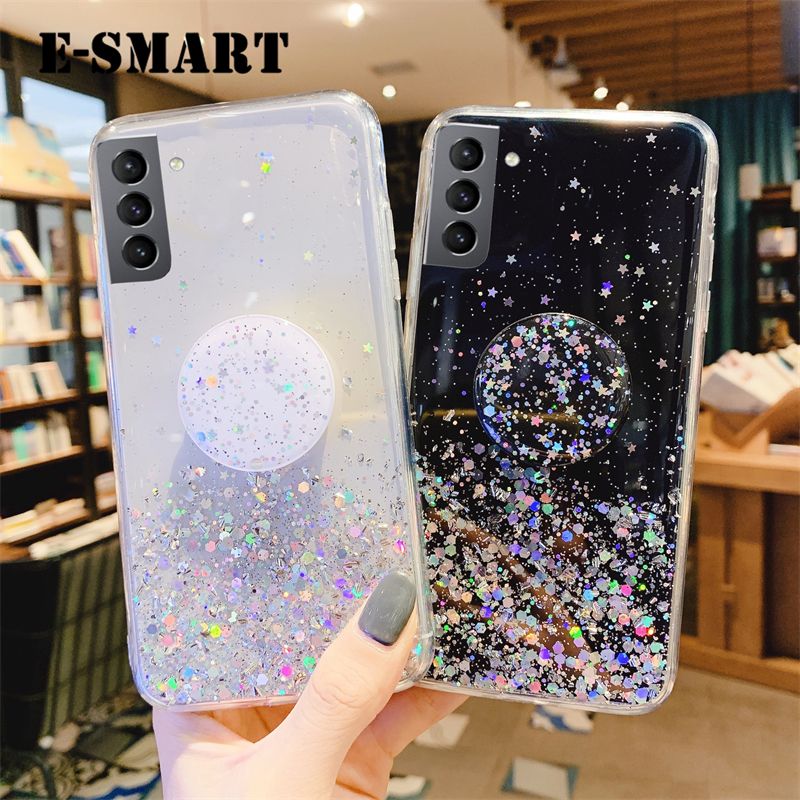Phone case Samsung Galaxy S22 Back cover Shiny Ring Glitter Soft Transparent Holder Stand Back cover with String Glitter Space Stars Moon Samsung S22 case