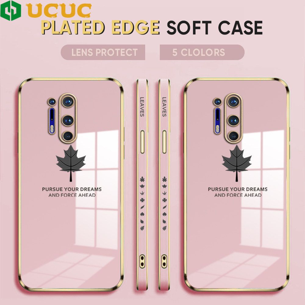 UCUC for OnePlus 8 Pro Back Cover + Free Lanyard Maple Leaf Luxury 6D Plating Case Side Pattern Soft Silicone Square Phone Cases