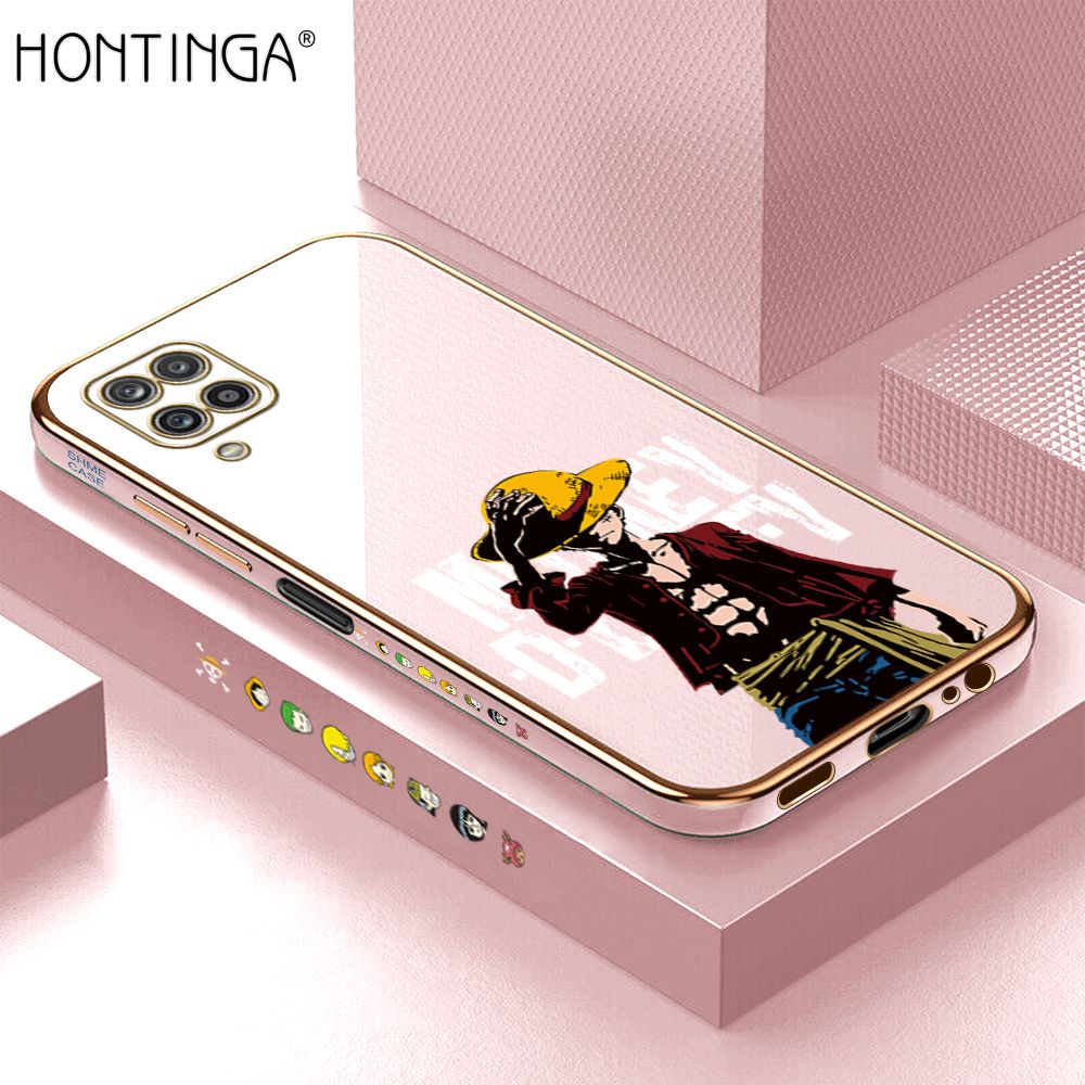 Hontinga for Samsung M12 A12 4G/5G Back Cover + Free Lanyard Luxury 6D Plating Handsome Luffy Side Pattern Case Soft Silicone Square Mobile Cover