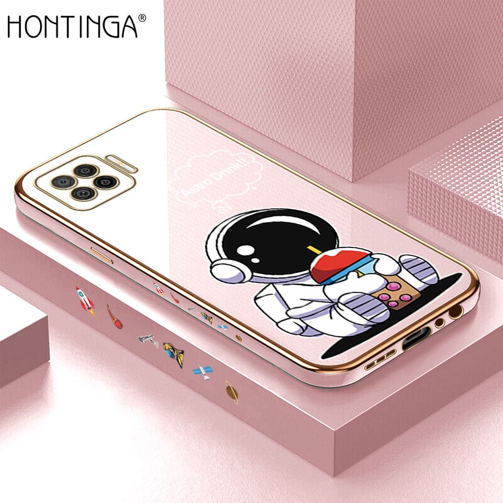 Hontinga for OPPO F17 A73 2020 Back Cover + Free Lanyard Luxury 6D Plating Cartoon Happy Astronaut Side Pattern Case Soft Silicone Square Mobile Cover