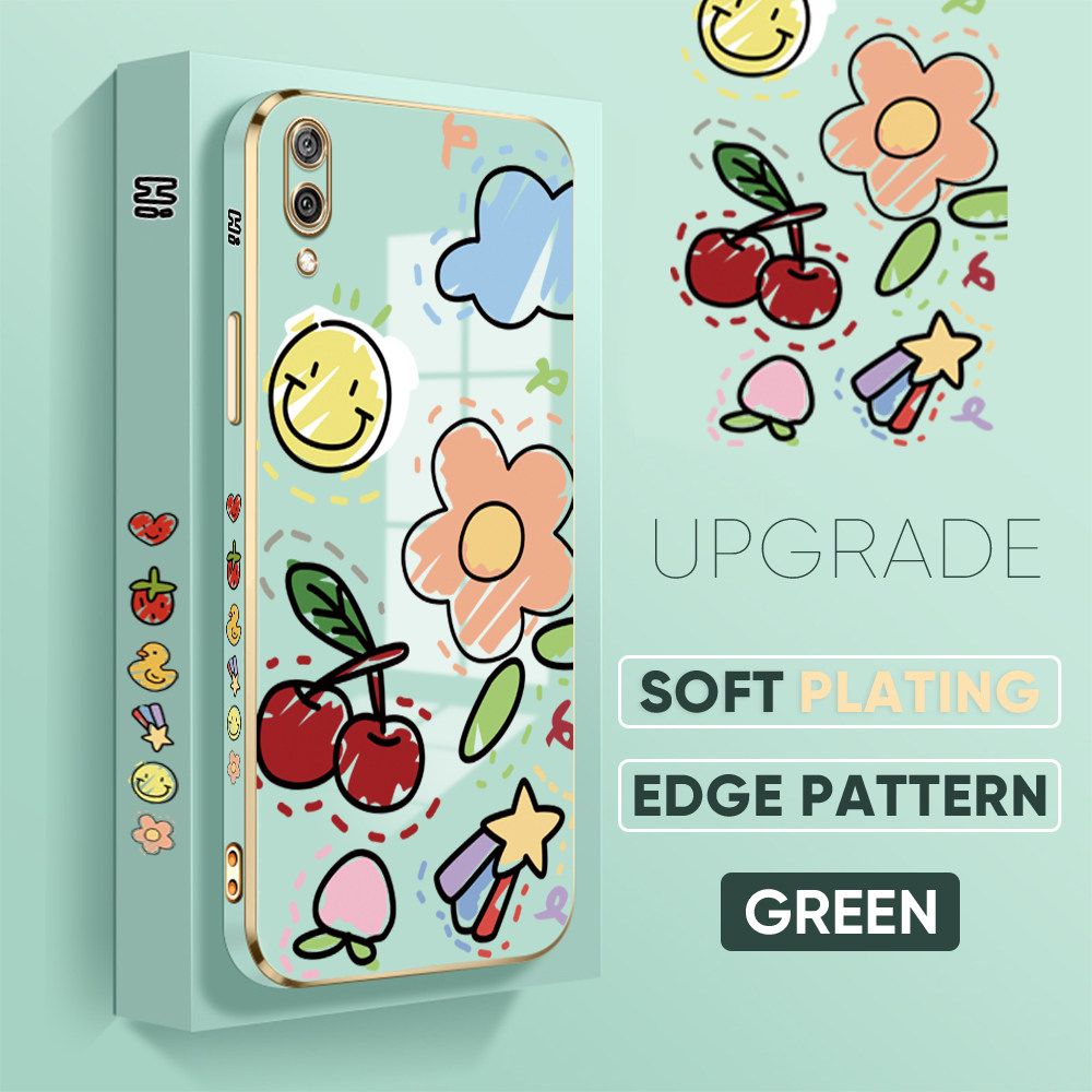 TA for Honor Y7 Pro 2019 Back Cover + Free Lanyard Colorful Fruit Painting Luxury 6D Plating Case Side Pattern Soft Silicone Square Phone Cases