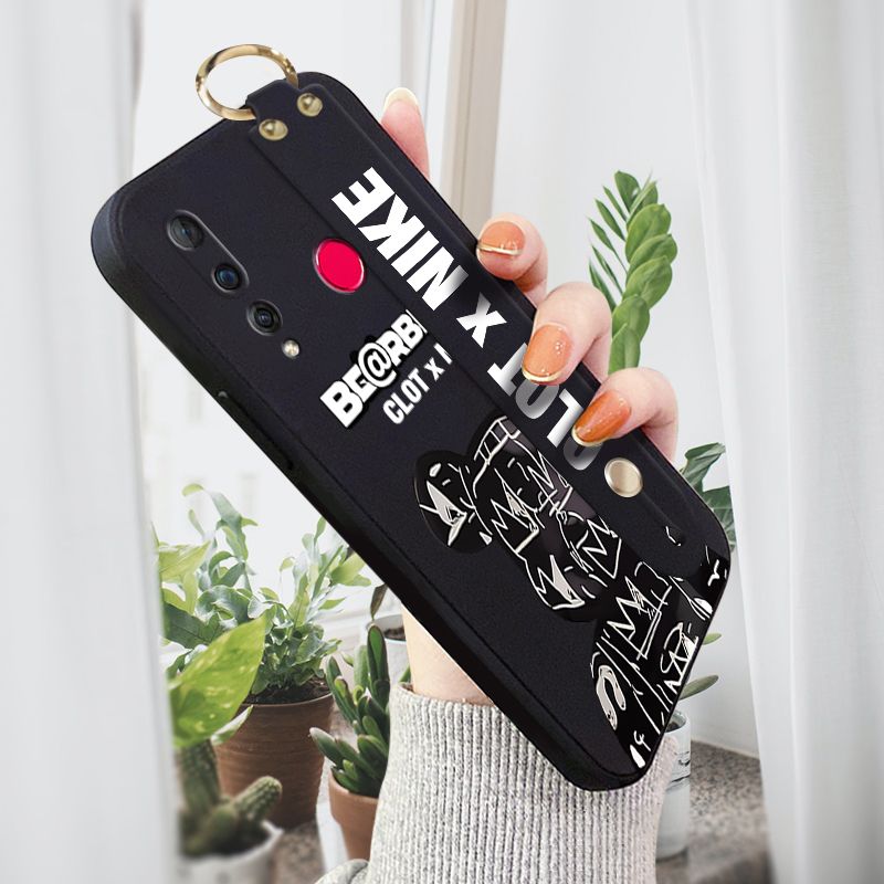 Jizetin for Huawei Nova 4 Wrist Strap Case Creative Cartoon Black Stitching Bear Cover Ultra Thin Anti Fall Liquid Silicone Phone Case