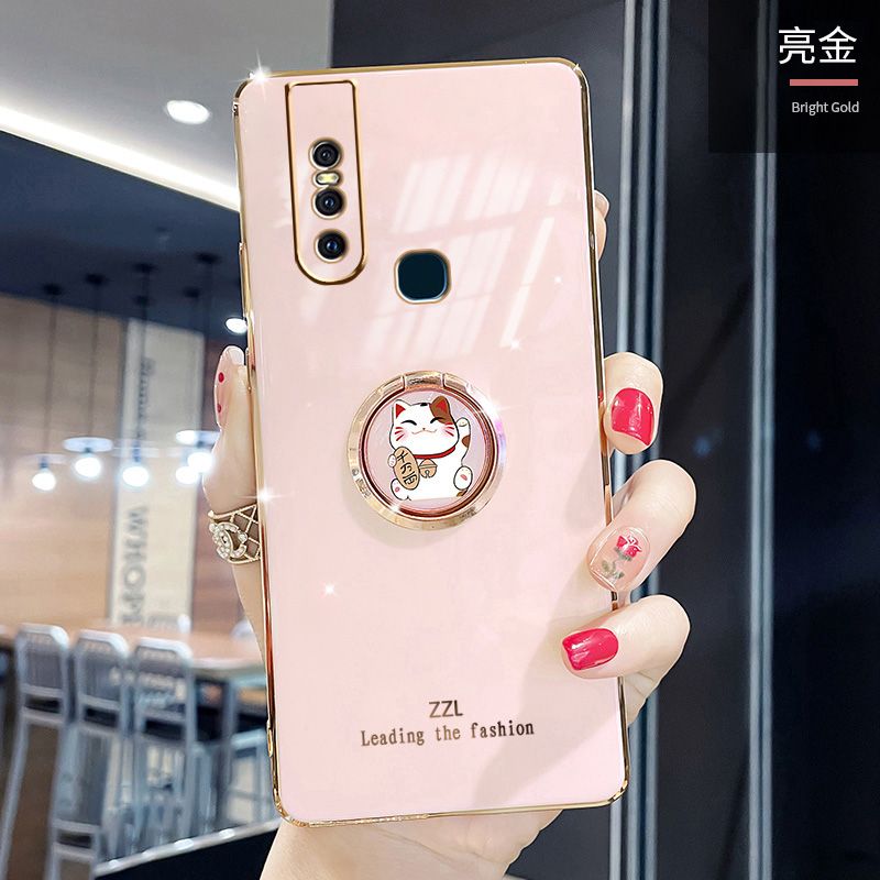 For Vivo V15 Cover + Ring Holder Stand Shiny Plating Square Bumper Phone Case Lens Protection Soft Silicone Shockproof Protective Back Cover
