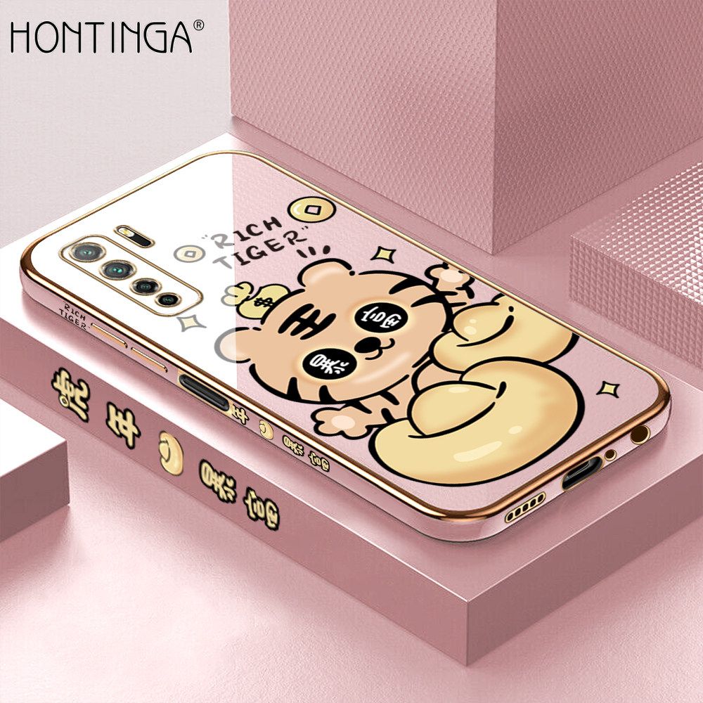 Hontinga for Huawei Nova 7 SE Back Cover + Free Lanyard Luxury 6D Plating Cartoon Get Rich Tiger Side Pattern Caese Soft Silicone Square Phone Cases