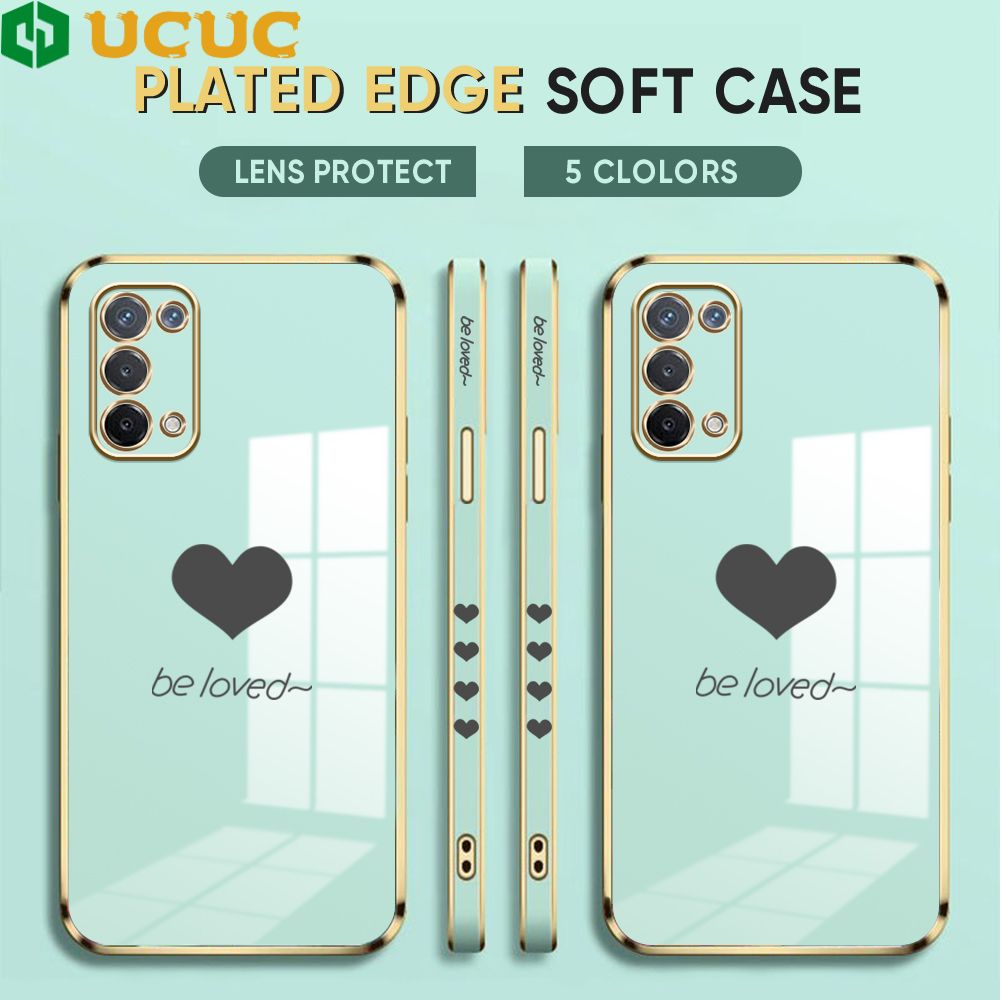 UCUC for OPPO A74 5G Back Cover + Free Lanyard Lover Heart Luxury 6D Plating Case Side Pattern Soft Silicone Square Phone Cases