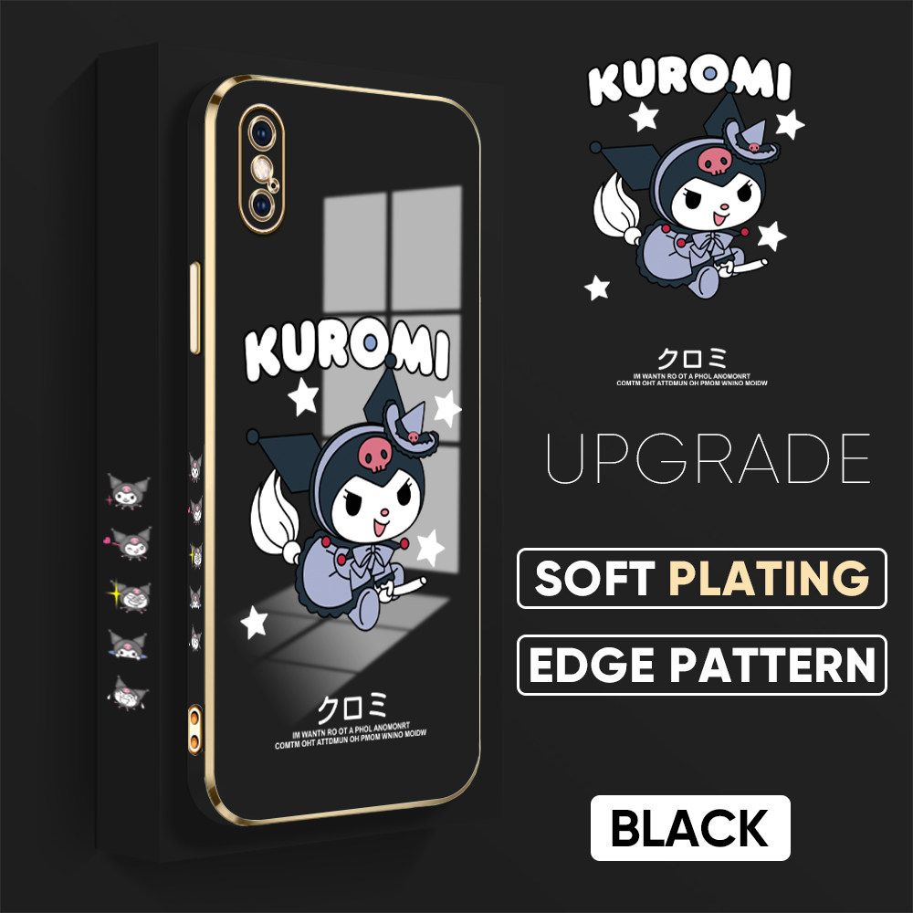 TA for iPhone X XS Back Cover + Free Lanyard Cute Kuromi Luxury 6D Plating Case Side Pattern Soft Silicone Square Phone Cases