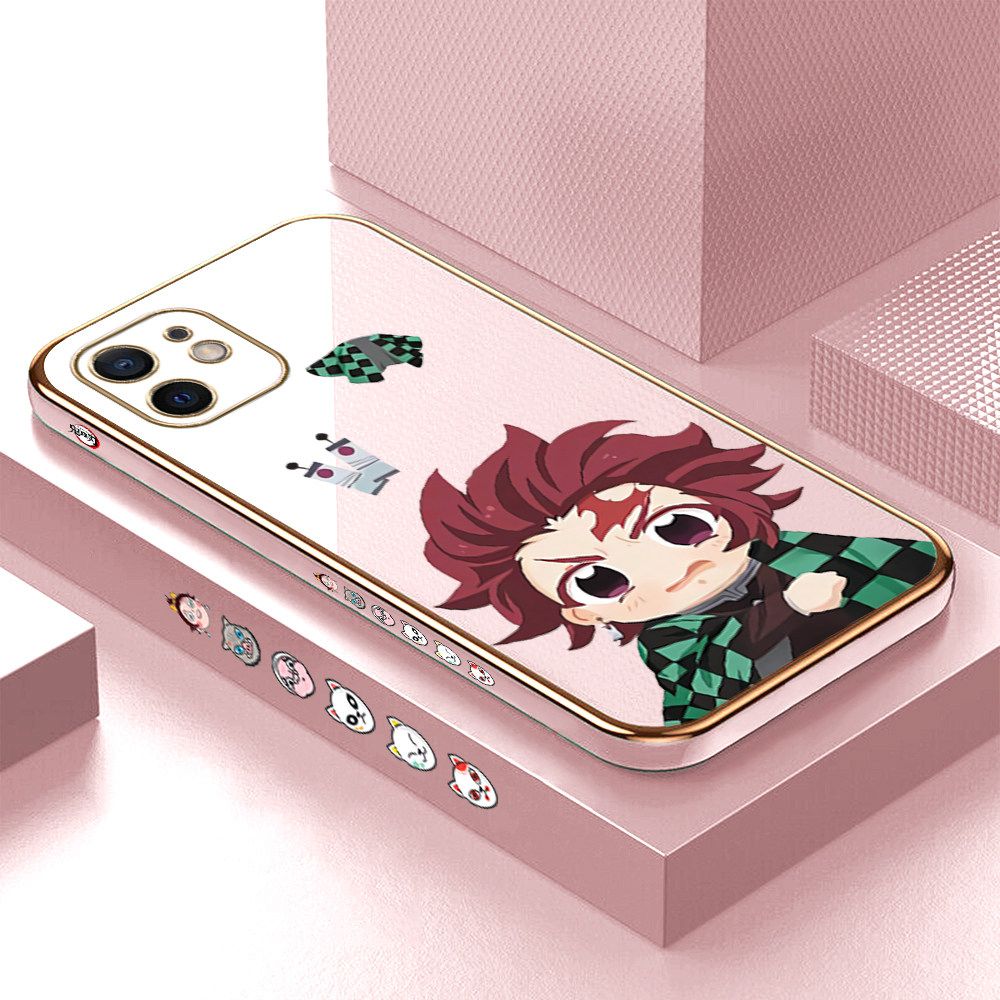 Luxury 6D Plating Case for iPhone 12 Mini Cartoon Anime Tanjirou Side Pattern Back Cover Soft Silicone Square Frame Shiny Bling Phone Cases + Free Lanyard